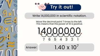 Write 14,000,000 in scientific notation.
Try it out!
14000000.
1
2
3
4
5
6
7
.
1.40 x 107
Answer:
Move the decimal point 7 times to the left.
This means that the power of 10 is positive.
 