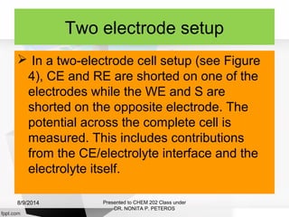 Two electrode setup
 In a two-electrode cell setup (see Figure
4), CE and RE are shorted on one of the
electrodes while the WE and S are
shorted on the opposite electrode. The
potential across the complete cell is
measured. This includes contributions
from the CE/electrolyte interface and the
electrolyte itself.
Presented to CHEM 202 Class under
DR. NONITA P. PETEROS
8/9/2014
 