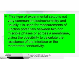 This type of experimental setup is not
very common in electrochemistry and
usually it is used for measurements of
junction potentials between two non
miscible phases or across a membrane,
giving the possibility to calculate the
resistance of the interface or the
membrane conductivity.
Presented to CHEM 202 Class under
DR. NONITA P. PETEROS
8/9/2014
 