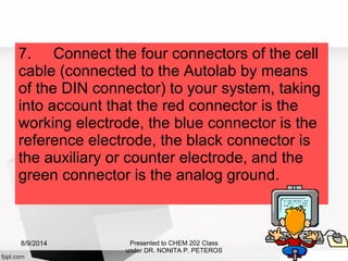 7. Connect the four connectors of the cell
cable (connected to the Autolab by means
of the DIN connector) to your system, taking
into account that the red connector is the
working electrode, the blue connector is the
reference electrode, the black connector is
the auxiliary or counter electrode, and the
green connector is the analog ground.
Presented to CHEM 202 Class
under DR. NONITA P. PETEROS
8/9/2014
 