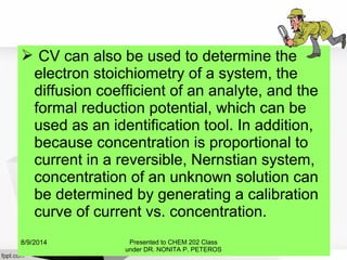  CV can also be used to determine the
electron stoichiometry of a system, the
diffusion coefficient of an analyte, and the
formal reduction potential, which can be
used as an identification tool. In addition,
because concentration is proportional to
current in a reversible, Nernstian system,
concentration of an unknown solution can
be determined by generating a calibration
curve of current vs. concentration.
Presented to CHEM 202 Class
under DR. NONITA P. PETEROS
8/9/2014
 