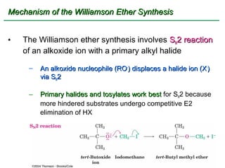 Mechanism of the Williamson Ether Synthesis


•   The Williamson ether synthesis involves SN2 reaction
    of an alkoxide ion with a primary alkyl halide

     –   An alkoxide nucleophile (RO-) displaces a halide ion (X-)
         via SN2

     –   Primary halides and tosylates work best for SN2 because
         more hindered substrates undergo competitive E2
         elimination of HX
 