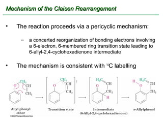 Mechanism of the Claisen Rearrangement

•   The reaction proceeds via a pericyclic mechanism:

     –   a concerted reorganization of bonding electrons involving
         a 6-electron, 6-membered ring transition state leading to
         6-allyl-2,4-cyclohexadienone intermediate

•   The mechanism is consistent with 14C labelling
 