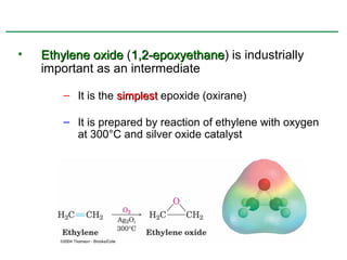•   Ethylene oxide (1,2-epoxyethane) is industrially
                    1,2-epoxyethane
    important as an intermediate

        – It is the simplest epoxide (oxirane)

        – It is prepared by reaction of ethylene with oxygen
          at 300°C and silver oxide catalyst
 