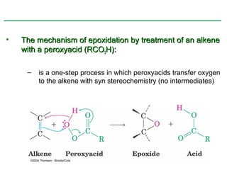 •   The mechanism of epoxidation by treatment of an alkene
    with a peroxyacid (RCO3H):

     –   is a one-step process in which peroxyacids transfer oxygen
         to the alkene with syn stereochemistry (no intermediates)
 