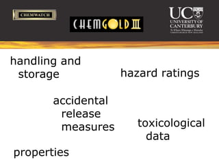 handling and
 storage            hazard ratings

       accidental
        release
        measures       toxicological
                         data
properties
 