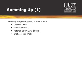 Summing Up (1)


Chemistry Subject Guide  “How do I find?”
     Chemical data
     Journal articles
     Material Safety Data Sheets
     Citation guide (ACS)
 
