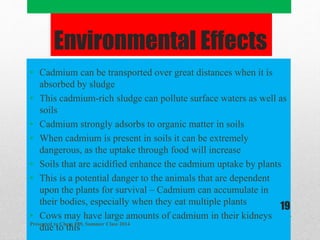 Environmental Effects
• Cadmium can be transported over great distances when it is
absorbed by sludge
• This cadmium-rich sludge can pollute surface waters as well as
soils
• Cadmium strongly adsorbs to organic matter in soils
• When cadmium is present in soils it can be extremely
dangerous, as the uptake through food will increase
• Soils that are acidified enhance the cadmium uptake by plants
• This is a potential danger to the animals that are dependent
upon the plants for survival – Cadmium can accumulate in
their bodies, especially when they eat multiple plants
• Cows may have large amounts of cadmium in their kidneys
due to thisPresented to Chem 289, Summer Class 2014
19
 
