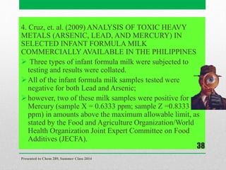 4. Cruz, et. al. (2009) ANALYSIS OF TOXIC HEAVY
METALS (ARSENIC, LEAD, AND MERCURY) IN
SELECTED INFANT FORMULA MILK
COMMERCIALLY AVAILABLE IN THE PHILIPPINES
 Three types of infant formula milk were subjected to
testing and results were collated.
All of the infant formula milk samples tested were
negative for both Lead and Arsenic;
however, two of these milk samples were positive for
Mercury (sample X = 0.6333 ppm; sample Z =0.8333
ppm) in amounts above the maximum allowable limit, as
stated by the Food and Agriculture Organization/World
Health Organization Joint Expert Committee on Food
Additives (JECFA).
Presented to Chem 289, Summer Class 2014
38
 