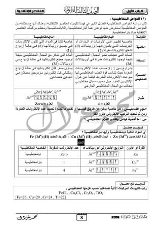 8
‫األول‬ ‫امتاب‬‫اإل‬ ‫امعٌاصر‬‫ًقاامٔث‬
2016
(4)
ٕ‫اٌّغ‬ ‫اٌخٛاؿ‬ ‫ٌذساعخ‬ ْ‫وب‬ٓ‫ِد‬ ‫ِخزٍفدخ‬ ‫أٔدٛاع‬ ‫ٕٚ٘دبن‬ ،‫اتٔزمبٌ١دخ‬ ‫اٌؼٕبفدش‬ ‫ٌى١ّ١بء‬ ‫فّٕٙب‬ ٟ‫ف‬ ‫اٌىج١ش‬ ً‫اٌفن‬ ‫به١غ١خ‬
‫اٌخٛاؿ‬ْ‫ٔٛػدب‬ ‫ِٕٙدب‬ ‫ٔغزؼشك‬ ‫اٌّغٕبه١غ١خ‬ٚ ‫ٚاٌذا٠بِغٕبه١غد١خ‬ ‫اٌجبساِغٕبه١غد١خ‬ ‫ّ٘دب‬‫اٌؼٕبفدش‬ ‫ِشوجدبد‬ ُ‫ِؼظد‬
‫ثبساِغٕبه١غ١خ‬ ‫ِٛاد‬ ‫اتٔزمبٌ١خ‬.
ُ‫املقارىــ‬‫الب‬‫ـ‬ُ‫ارامغياطًضًــ‬‫الداي‬‫ـ‬ُ‫امغياطًضًــ‬
ًُ‫اخلاص‬
‫ا‬ ‫ول‬ ‫ييي‬‫ي‬ ‫ل‬ ‫ا‬ ‫يييا‬‫ي‬‫لذظات‬ ‫ييي‬‫ي‬‫ا‬ ‫يييو‬‫ي‬‫في‬ ‫يييظه‬‫ي‬‫خاص‬
‫يييا‬‫ي‬ ‫ظ‬ ‫او‬ ‫يييا‬‫ي‬‫اظي‬ ‫يييات‬‫ي‬ ‫ظ‬ ‫ييي‬‫ي‬ ‫ل‬ ‫يييا‬‫ي‬‫جزظئ‬ ‫ل‬(d)
‫مفودة‬ ‫واتا‬ ‫إ‬ ‫شغليا‬)↑(
‫واتيا‬ ‫لت‬ ‫يات‬ ‫ي‬ ‫ل‬ ‫ميالد‬ ‫ل‬ ‫ا‬ ‫تشأ‬ ‫خاصظه‬
‫ييا‬‫ي‬‫ي‬ ‫ا‬ ‫ظ‬ ‫او‬ ‫ييي‬‫ي‬‫جمظ‬ ‫يي‬‫ي‬‫ا‬(d)‫إزدال‬ ‫ييه‬‫ي‬ ‫ةا‬ ‫يي‬‫ي‬‫ا‬
(↿⇂)
‫امل‬‫ــــ‬َ‫اد‬
‫يي‬‫ي‬ ‫ظ‬ ‫مغتا‬ ‫ل‬ ‫ييا‬‫ي‬‫مج‬ ‫ل‬ ‫ييا‬‫ي‬‫تة‬ ‫ج‬ ‫يي‬‫ي‬‫تج‬ ‫يي‬‫ي‬ ‫ل‬ ‫ييادة‬‫ي‬‫م‬ ‫ل‬
‫ظجه‬ ‫ت‬‫اي‬ ‫مفيودة‬ ‫واتيا‬ ‫إ‬ ‫اجياد‬‫يا‬ ‫ظ‬ ‫او‬
(3d)
‫ل‬ ‫مادة‬ ‫ل‬‫ت‬‫ظجيه‬ ‫ت‬ ‫ي‬ ‫ظ‬ ‫مغتا‬ ‫ل‬ ‫مجيا‬ ‫ل‬ ‫مي‬ ‫ااو‬
‫ي‬‫ي‬‫ا‬ ‫إزدال‬ ‫يه‬‫ي‬ ‫ةا‬ ‫ي‬‫ي‬‫ا‬ ‫يا‬‫ي‬‫ي‬ ‫واتا‬ ‫إ‬ ‫يي‬‫ي‬‫جمظ‬ ‫ياد‬‫ي‬‫اج‬
‫ا‬ ‫ظ‬ ‫او‬(3d)
‫الع‬‫ـــــ‬‫شو‬
‫املغياطًض‬ٌ
ٓ١‫ددد‬‫د‬‫ث‬ ‫دددشاٚػ‬‫د‬‫٠ز‬1:5‫دددبد‬‫د‬ٔٚ‫اإلٌىزش‬ ‫دددذد‬‫د‬‫ػ‬ ‫دددت‬‫د‬‫ؽغ‬
‫ؽ١ش‬ ‫اٌّفشدح‬‫ٌٙب‬ ٟ‫اٌّغٕبه١غ‬ ‫اٌغزة‬ ‫لٛح‬ ‫رزٕبعت‬
‫دذد‬‫د‬‫ػ‬ ‫دغ‬‫د‬ِ‫دشدح‬‫د‬‫اٌّف‬ ‫دبد‬‫د‬ٔٚ‫اإلٌىزش‬،‫دضي‬‫د‬ ٓ‫د‬‫د‬‫ػ‬ ‫دؤ‬‫د‬‫ف١ٕؾ‬
ٟ‫ِغٕبه١غد‬ ‫ِغبي‬ ٖ‫ِؾٛس‬ ‫ؽٛي‬ ‫اٌّفشد‬ ْٚ‫اإلٌىزش‬
ٟ‫اٌخبسع‬ ٟ‫اٌّغٕبه١غ‬ ‫اٌّغبي‬ ‫ِغ‬ ‫٠زغبرة‬
‫ففش‬ ٜٚ‫٠غب‬‫إزدال‬ ‫يه‬ ‫ةا‬ ‫اي‬ ‫ييا‬ ‫واتا‬ ‫إ‬ ‫ي‬ ‫ا‬
‫ي‬‫ي‬‫ا‬ ‫ت‬ ‫ي‬‫ي‬‫م‬ ‫ظ‬ ‫يزداجظت‬‫ي‬‫م‬ ‫يواتظت‬‫ي‬ ‫إ‬ ‫ي‬‫ي‬ ‫يا‬‫ي‬ ‫ا‬ ‫ا‬
.‫ظت‬ ‫ضاد‬ ‫م‬ ‫جاهظت‬ ‫ل‬
‫مجــال‬
26Fe:[Ar]4s2
,3d 6
3d 6
= ‫انعضو‬4
30Zn:[Ar]4s2
,3d 10
3d 10
= ‫انعضو‬Zero
: ْ‫املغٌاظٔص‬ ‫امػزم‬‫خبصٍخ‬ ًْ‫غشٌيق‬ ٍ‫ع‬ ٍ‫ًٌك‬‫انًفيشدح‬ ‫اإلنكزشَٔيبد‬ ‫عيذد‬ ‫رسذٌيذ‬ ‫نهًيبدح‬ ‫رقيذٌشْب‬ ٔ‫أ‬ ‫قٍبعيٓب‬
.‫انفهض‬ ٌٌٕ‫أل‬ ًَٔ‫اإلنكزش‬ ‫انزشكٍت‬ ‫رسذٌذ‬ ‫ثى‬ ٍ‫ٔي‬
‫؟‬ ْ‫املغٌاظٔص‬ ‫امػزم‬ ‫وحقدٓر‬ ‫قٔاس‬ ‫أَىٔث‬ ‫وا‬ : ‫س‬
‫تدريـــب‬‫حملــىل‬:
‫أ‬‫انزبنٍخ‬ ‫انًٕاد‬ ‫ي‬‫د‬‫ٌب‬‫ٔأٌٓب‬ ‫يغُبغٍغٍخ‬‫ثبسا‬‫يغُبغٍغٍخ‬‫؟‬
ٍٍ‫انخبسص‬ ‫رسح‬Zn (3d10
)،‫انُسبط‬ ٌٌٕ‫أ‬(II)Cu (3d9
)،‫كهٕسٌذ‬‫انسذٌذ‬(II)Fe (3d6
)
‫احل‬‫ل‬
‫ا‬ ‫أو‬ ‫الذرة‬‫أليون‬‫ألوربيتاالت‬ ‫اإللكتروني‬ ‫التوزيع‬d‫المفردة‬ ‫اإللكترونات‬ ‫عدد‬‫المغناطيسية‬ ‫الخاصية‬
Zn3d 10
Zero‫ظه‬ ‫ظ‬ ‫دظامغتا‬
Cu2+
3d 9
1‫ظه‬ ‫ظ‬ ‫اولمغتا‬
Fe2+
3d 6
4‫ظه‬ ‫ظ‬ ‫اولمغتا‬
‫تدريـــب‬‫حملـــىل‬ ‫غري‬:
‫سرت‬: ً‫انًغُبغٍغ‬ ‫عضيٓب‬ ‫زغت‬ ً‫ب‬ٌ‫رصبعذ‬ ‫اَرٍخ‬ ‫انًشكجبد‬ ‫كبرٍَٕبد‬
FeCl3 , Cu2Cl2 , Cr2O3 , TiO2
[Fe=26 , Cu=29 , Cr=24 , Ti=22]
 