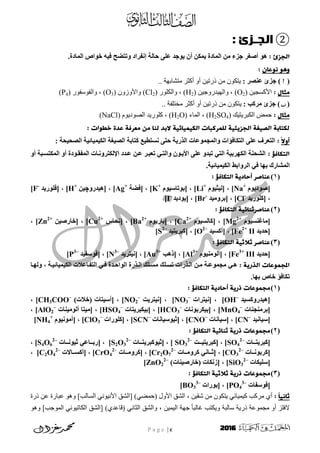 P a g e | c 2016
②‫الج‬‫ـ‬‫زئ‬:
: ‫اهجزئ‬‫َىخد‬ ُ‫ن‬ ِ‫ََن‬ ‫اىَادج‬ ٍِ ‫خشء‬ ‫نطغز‬ ‫هى‬ً‫ي‬.‫اىَادج‬ ‫خىاص‬ ‫فُه‬ ‫ح‬ ‫وذر‬ ‫إّيزاد‬ ‫حاىح‬
‫ٍوغان‬ ‫وهو‬:
(): ‫ْظز‬ ‫خشئ‬.. ‫يزشبثٓخ‬ ‫أكضش‬ ٔ‫أ‬ ٍٛ‫رسر‬ ٍ‫ي‬ ٌٕ‫ٚزك‬
‫يثال‬:ٍٛ‫األكسج‬(O2)،ٍٛ‫ٔانٓٛذسٔج‬(H2)،‫ٔانكهٕس‬(Cl2)ٌٔ‫ٔاألٔص‬(O3)‫ٔانفٕسفٕس‬ ،(P4)
(): ‫ٍزمة‬ ‫خشئ‬.. ‫يخزهفخ‬ ‫أكضش‬ ٔ‫أ‬ ٍٛ‫رسر‬ ٍ‫ي‬ ٌٕ‫ٚزك‬
‫يثال‬:‫انكجشٚزٛك‬ ‫حًض‬(H2SO4)،‫انًبء‬(H2O)،‫انظٕدٕٚو‬ ‫كهٕسٚذ‬(NaCl)
‫اهميًيائيث‬ ‫هوًرلتات‬ ‫اهجزيئيث‬ ‫اهصيغث‬ ‫همخاةث‬ٌ‫ي‬ ‫هَا‬ ‫الةد‬‫غد‬ ‫يػرفث‬: ‫خطوات‬ ‫ة‬
ً‫ال‬‫أو‬:: ‫اىظحُحح‬ ‫اىنَُُائُح‬ ‫اىظُغح‬ ‫مراتح‬ ‫ّورطُع‬ ً‫حر‬ ‫اىذرَح‬ ‫اخ‬ ‫واىَدَى‬ ‫اىرنافؤاخ‬ ً‫ي‬ ‫اىرعزف‬
: ‫اهخمافؤ‬‫نو‬ ‫اىَنرواثح‬ ‫نو‬ ‫اىَيقاىدج‬ ‫اوىنرزوّااخ‬ ‫ادد‬ ِ‫ا‬ ‫ذعثاز‬ ٍ‫واىرا‬ ُ‫األَاى‬ ً‫ي‬ ‫ذثدو‬ ٍ‫اىر‬ ‫اىنهزتُح‬ ‫اىشحْح‬
َ‫اى‬‫اىنَُُائُح‬ ‫اىزواتط‬ ٍ‫ف‬ ‫تها‬ ‫شارك‬.
(1)‫اهخما‬ ‫أخاديث‬ ‫غَاصر‬: ‫فؤ‬
ً‫[طىدَى‬Na+
]،ً‫[ىُثُى‬Li+
]،ً‫[تىذاسُى‬K+
]،‫ح‬ ‫[ف‬Ag+
]،‫[هُدرو‬‫چ‬ُِH+
]،‫[فيىرَد‬F-
]
،‫[ميىرَد‬Cl-
]،‫[تزوٍُد‬Br-
]،‫[َىدَد‬I-
]
(2): ‫اهخمافؤ‬ ‫غَاصرثَائيث‬
ً‫[ٍاغْوُى‬Mg2+
]،ً‫[ماىوُى‬Ca2+
]،ً‫[تارَى‬Ba2+
]،‫[ّحاص‬Cu2+
]،ُِ‫[خارط‬Zn2+
]،
‫[حدَد‬IIFe2+
]،[‫نموُد‬O2–
]،‫[مثزَرُد‬S2–
]
(3): ‫اهخمافؤ‬ ‫ثالثيث‬ ‫غَاصر‬
‫[حدَد‬IIIFe3+
]،ً‫[نىىٍُْى‬Al3+
]‫[اهة‬ ،Au3+
]‫[ُّرزَد‬ ،N3–
‫[فىسيُد‬ ، ]P3–
]
‫اهذريث‬ ‫املجًوغات‬:‫اىنَُُائُاح‬ ‫ئخ‬ ‫اىرياا‬ ٍ‫فا‬ ‫اىىاحادج‬ ‫اىاذرج‬ ‫ٍوايل‬ ‫ذوايل‬ ‫اىاذراخ‬ ِ‫ٍا‬ ‫اح‬ ‫ٍدَى‬ ٍ‫ها‬،‫وىهاا‬
‫تها‬ ‫خاص‬ ‫ذنافؤ‬.
(1)‫أخادي‬ ‫ذريث‬ ‫يجًوغات‬: ‫اهخمافؤ‬ ‫ث‬
‫[هُدروموُد‬OH–
]،‫[ُّرزاخ‬NO3
–
]،‫[ُّرزَد‬NO2
–
]،)‫(خئخ‬ ‫[نسُراخ‬CH3COO–
]،
‫[تزٍْدْاخ‬MnO4
–
]،‫[تُنزتىّاخ‬HCO3
–
]،‫[تُنثزَراخ‬HSO4
–
]،‫نىىٍُْاخ‬ ‫[ٍُرا‬AlO2
–
، ]
‫[سُاُّد‬CN–
، ]‫[سُاّاخ‬CNO–
]،‫[ثُىسُاّاخ‬SCN–
]،‫[ميىراخ‬ClO3
–
، ]ً‫[نٍىُّى‬NH4
+
]
(2): ‫اهخمافؤ‬ ‫ثَائيث‬ ‫ذريث‬ ‫يجًوغات‬
‫اااخ‬‫ا‬‫[مثزَر‬SO4
2–
]‫ااد‬‫ا‬ُ‫[مثزَر‬ ،SO3
2–
‫اااخ‬‫ا‬‫[ثُىمثزَر‬ ، ]S2O3
2–
]،[ٍ ‫ااا‬‫ا‬‫رت‬‫اااخ‬‫ا‬ّ‫ثُى‬S4O6
2–
، ]
‫اااخ‬‫ا‬ّ‫[مزتى‬CO3
2–
]،‫اااخ‬‫ا‬ٍ‫مزو‬ ٍّ‫ااا‬‫ا‬‫[ث‬Cr2O7
2–
]،‫اااخ‬‫ا‬ٍ‫[مزو‬CrO4
2–
]،‫اااالخ‬‫ا‬‫[نمو‬C2O4
2–
]،
‫[سيُناخ‬SiO3
2–
])‫(خارطُْاخ‬ ‫[سّناخ‬ ،ZnO2
2–
]
(3)‫ثالث‬ ‫ذريث‬ ‫يجًوغات‬: ‫اهخمافؤ‬ ‫يث‬
‫[فىسياخ‬PO4
3–
]‫[تىراخ‬ ،BO3
3–
]
ً‫ا‬‫ثاٍي‬:ٍٛ‫شق‬ ٍ‫ي‬ ٌٕ‫ٚزك‬ ٙ‫كًٛٛبئ‬ ‫يشكت‬ ٘‫أ‬،‫رسح‬ ٍ‫ػ‬ ‫ػجبسح‬ ْٕٔ ]‫انسبنت‬ ََٕٙٛ‫األ‬ ‫[انشق‬ )ٙ‫(حًض‬ ‫األٔل‬ ‫انشق‬
ًٍٛٛ‫ان‬ ‫جٓخ‬ ً‫ب‬‫غبنج‬ ‫ٔٚكزت‬ ‫سبنجخ‬ ‫رسٚخ‬ ‫يجًٕػخ‬ ٔ‫أ‬ ‫الفهض‬،ْٕٔ ]‫انًٕجت‬ َٕٙٛ‫انكبر‬ ‫[انشق‬ )٘‫(قبػذ‬ َٙ‫انضب‬ ‫ٔانشق‬
 