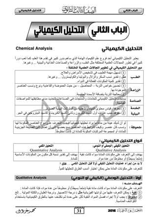 31
ُٖ‫اىثا‬ ‫اىتاب‬ٖ‫اىهٍ٘٘ائ‬ ‫اىتدي٘و‬
2016
‫اىتدي٘و‬ٖ‫اىهٍ٘٘ائ‬Chemical Analysis
ً‫ث‬‫دٚس‬ ‫ٌعخ‬ ‫وّج‬ ،ٍُ‫ثٌع‬ ‫٘زث‬ َ‫صمذ‬ ٟ‫ف‬ ‫وذ١ش‬ ‫دذٚس‬ ُ٘‫عج‬ ٞ‫ثٌز‬ ‫ثٌٙجِز‬ ‫ثٌى١ّ١جء‬ ٍُ‫ع‬ ‫فشٚع‬ ‫أفذ‬ ٟ‫ثٌى١ّ١جة‬ ً١ٍ‫ثٌضق‬ ‫٠عضذش‬
‫ٚثٌضسث‬ ،‫ثٌطخ‬ ً‫ِغ‬ ‫ثٌّخضٍفز‬ ‫ثٌعٍّ١ز‬ ‫ثٌّؾجالس‬ ‫صطٛس‬ ٟ‫ف‬ ً‫ث‬‫وذ١ش‬.‫ٚغ١ش٘ج‬ ... ‫ٚثٌذ١ت١ز‬ ‫ثٌغزثة١ز‬ ‫ٚثٌظٕجعجس‬ ‫عز‬
: ‫املخخيفث‬ ‫اىعيٍ٘ث‬ ‫املجاالت‬ ‫حطٔٗر‬ ‫يف‬ ٖ‫اىهٍ٘٘ائ‬ ‫اىخدي٘و‬ ‫دور‬
‫اىط‬‫ــب‬
①‫ص‬ٙ‫غ‬ٟ‫ف‬ ‫ثٌطذ١خ‬ ‫ِّٙز‬ ً١‫صشخ١ض‬‫ث٤ِشثع‬‫ٚثٌعالػ‬.
: ‫ٍثو‬‫ٚثٌضالي‬ ‫ثٌغىش‬ ‫ٔغخ‬ ‫صمذ٠ش‬.‫ٚغ١ش٘ج‬ ... ‫ٚثٌىٌٛ١غضشٚي‬ ‫ٚثٌذٌٛ١ٕج‬
②‫ثٌذ‬ ٟ‫ف‬ ‫ثٌفعجٌز‬ ‫ثٌّىٛٔجس‬ ‫وّ١ز‬ ‫صمذ٠ش‬.‫ٚثء‬
‫اىزراعـث‬
①‫ثٌضشدز‬ ‫خٛثص‬ ٓ١‫صقغ‬–ً١‫ثٌّقجط‬–‫ٚثٌمجعذ٠ز‬ ‫ثٌقّٛػز‬ ‫ف١ظ‬ ِٓ‫ثٌعٕجطبش‬ ‫ٚٔغبخ‬ ‫ٚٔٛع‬
.‫دٙج‬ ‫ثٌّٛؽٛدر‬
②‫ثٌضشدز‬ ‫ِعجٌؾز‬‫دئػج‬‫ف‬.‫ثٌّٕجعذز‬ ‫ث٤عّذر‬ ‫ز‬
‫اىصِاعـث‬
َ‫٠غضخذ‬‫ٚثٌّٕضؾجس‬ ‫ٌٍخجِجس‬ ٟ‫ثٌى١ّ١جة‬ ً١ٍ‫ثٌضق‬‫ثٌظبٕجعجس‬ ٟ‫فب‬‫ٌٍّٛثطبفجس‬ ‫ِطجدمضٙبج‬ ٜ‫ِبذ‬ ‫ٌضقذ٠بذ‬
‫ثٌم١جع١ز‬.
‫اىخد‬‫ٌث‬
‫اىت٘ئ٘ث‬
①ِ ‫ٚث٤غز٠ز‬ ٖ‫ثٌّ١ج‬ ٜٛ‫ِقض‬ ‫ٚل١جط‬ ‫ِعشفز‬.‫ثٌؼجسر‬ ‫ثٌذ١ت١ز‬ ‫ثٌٍّٛعجس‬ ٓ
②‫ِعشفز‬ٛ‫ثٌؾ‬ ٟ‫ف‬ ٓ١‫ثٌٕ١ضشٚؽ‬ ‫ٚأوجع١ذ‬ ‫ثٌىذش٠ش‬ ‫أوغ١ذ‬ ٟٔ‫ٚعج‬ ْٛ‫ثٌىشد‬ ‫أوغ١ذ‬ ‫أٚي‬ ‫غجصثس‬ ‫ٔغخ‬.
: ‫ٌيدٔظث‬
‫ثٌّىٛٔبز‬ ‫ثٌعٕجطبش‬ ‫ٔبٛع‬ ٝ‫عٍب‬ ‫ثٌضعبشل‬ ‫ف١ؾبخ‬ ً‫ج‬‫و١ّ١جة١ب‬ ‫صقٍ١ٍٙج‬ ‫٠شثد‬ ‫ِج‬ ‫ِجدر‬ ِٓ ‫ع١ٕز‬ ‫ٌذ٠ه‬ ْ‫أ‬ ٌٛ‫ٌٙبج‬
‫بز‬‫ب‬١‫ثٌؾض٠ت‬ ‫ثٌظب١غز‬ ٝ‫إٌب‬ ً‫ب‬‫ب‬‫صظ‬ ْ‫أ‬ ٝ‫إٌب‬ ‫دعؼبٙج‬ ‫ِبى‬ ‫بش‬‫ب‬‫ثٌعٕجط‬ ٖ‫٘بز‬ ‫صضبشثدؾ‬ ‫با‬‫ب‬١‫ٚو‬ ‫عٕظبش‬ ً‫وب‬ ‫ٚٔغبخ‬
.ً‫ج‬‫ِخٍٛؽ‬ ‫وجٔش‬ ْ‫إ‬ ‫ٌٍّجدر‬ ‫ثٌّىٛٔز‬ ‫ثٌّشوذجس‬ ‫ٌّؾّٛعز‬ ٚ‫أ‬ ،‫ٌٍّجدر‬
: ٖ‫اىهٍ٘٘ائ‬ ‫اىتدي٘و‬ ‫أُٔاع‬
‫التحلًل‬ٌ‫اللًف‬(ٌ‫الىصف‬)ٌ‫الهىع‬ ‫أو‬
Qualitative Analysis
ٌ‫اللن‬ ‫التحلًل‬
Quantitative Analysis
‫ٔم١ز‬ ‫وجٔش‬ ‫عٛثء‬ ‫ثٌّجدر‬ ‫ِىٛٔجس‬ ٍٝ‫ع‬ ‫ثٌضعشل‬ ٌٝ‫إ‬ ‫٠ٙذل‬
.‫ِٛثد‬ ‫عذر‬ ِٓ ً‫ج‬‫ِخٍٛؽ‬ ٚ‫أ‬ )ً‫ج‬‫دغ١ط‬ ً‫ج‬‫(ٍِق‬
‫ث٤عجع١ز‬ ‫ثٌّىٛٔجس‬ ِٓ ْٛ‫ِى‬ ً‫و‬ ‫ٔغذز‬ ‫صمذ٠ش‬ ٌٝ‫إ‬ ‫٠ٙذل‬
.‫ٌٍّجدر‬
َٜ‫اىن‬ ‫اىتحيٞو‬ ‫قجو‬ ً‫ال‬ٗ‫أ‬ ٜ‫اىنٞف‬ ‫اىتحيٞو‬ ‫ػَيٞبد‬ ‫إجشاء‬ ٍِ ‫ثذ‬ ‫ال‬‫؟‬ ‫علل‬ ...
ٓ‫٠ّى‬ ٝ‫فض‬ ‫ثٌّجدر‬ ‫ِىٛٔجس‬ ٍٝ‫ع‬ ‫ٌٍضعشل‬‫ٌضق‬ ‫ثٌطشق‬ ‫أٔغخ‬ ‫ثخض١جس‬.ً‫ج‬١ّ‫و‬ ‫ٍ١ٍٙج‬
)ٖ‫اىِٔع‬ ‫أو‬ ٖ‫(اىه٘ف‬ ٖ‫اىٔصف‬ ‫اىتدي٘و‬ : ً‫ال‬‫أو‬Qualitative Analysis
ٓ‫اى‬‫ــ‬ٌِ ‫دف‬‫ــ‬: ّ
‫وجٔش‬ ‫فئرث‬ ،‫ِٛثد‬ ‫عذر‬ ِٓ ً‫ج‬‫ِخٍٛؽ‬ ٚ‫أ‬ )ً‫ج‬‫دغ١ط‬ ً‫ج‬‫(ٍِق‬ ‫ٔم١ز‬ ‫ِجدر‬ ‫وجٔش‬ ‫عٛثء‬ ‫ثٌّجدر‬ ‫ِىٛٔجس‬ ٍٝ‫ع‬ ‫ثٌضعشل‬‫ثٌّجدر‬:
①‫ّقٞخ‬:٠‫ثٌف١ض٠جة١ز‬ ‫عٛثدضٙج‬ ِٓ ‫عٍ١ٙج‬ ‫ثٌضعشل‬ ٓ‫ّى‬: ‫ٍثو‬‫ثالٔظٙجس‬ ‫دسؽز‬. ‫ثٌٌّٛ١ز‬ ‫ٚثٌىضٍز‬ ْ‫ثٌغٍ١ج‬ ‫ٚدسؽز‬‫إٌخ‬ .
②ً‫ب‬‫ٍخي٘ط‬:‫ب‬‫و‬ ‫ثٌٕم١بز‬ ‫ثٌّبٛثد‬ ً‫فظب‬ ‫إؽشثء‬ ً‫ال‬ٚ‫أ‬ ‫٠ؾخ‬ًَ‫دجعبضخذث‬ ‫ثٌى١ّ١جة١بز‬ ‫دبجٌطشق‬ ‫عٕٙبج‬ ‫ٔىشبا‬ ُ‫عب‬ ‫فبذر‬ ٝ‫عٍب‬
.‫ثٌّٕجعذز‬ ‫ثٌىٛثشا‬
 