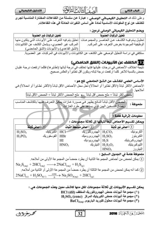 32
ُٖ‫اىثا‬ ‫اىتاب‬ٖ‫اىهٍ٘٘ائ‬ ‫اىتدي٘و‬
2016
ٍٝ‫ٚع‬‫فب‬ ‫رٌبه‬: ٖ‫اىٔيـف‬ ٖ‫اىهٍ٘٘ـائ‬ ‫اىخدي٘ـو‬‫ػجابسح‬ٙ‫اش‬ ‫اىَْبلاجخ‬ ‫اىَختابسح‬ ‫اىتفابػلد‬ ِ‫ٍا‬ ‫ليلايخ‬ ِ‫ػا‬
‫اىتفبػلد‬ ٓ‫ٕز‬ ٜ‫ف‬ ‫اىحبدثخ‬ ‫اىتغٞشاد‬ ‫ألبط‬ ٚ‫ػي‬ ‫ىَبدح‬ ‫األلبلٞخ‬ ‫اىَنّ٘بد‬ ‫ّ٘ع‬ ِ‫ػ‬ ‫ىينشف‬.
: ‫فرعني‬ ٖ‫اىٔيف‬ ٖ‫اىهٍ٘٘ائ‬ ‫اىخدي٘و‬ ً‫وٗض‬
‫العضىية‬ ‫املركبات‬ ‫حتلًل‬‫العضىية‬ ‫غري‬ ‫املركبات‬ ‫حتلًل‬
ٗ‫بب‬‫ب‬١‫ف‬ ُ‫ببض‬‫ب‬٠ ً‫بب‬‫ب‬١ٍ‫صق‬‫بب‬‫ب‬‫ٚثٌّؾّٛع‬ ‫ببش‬‫ب‬‫ثٌعٕجط‬ ٓ‫بب‬‫ب‬‫ع‬ ‫ببا‬‫ب‬‫ثٌىش‬‫جس‬
.‫ثٌّشوخ‬ ٍٝ‫ع‬ ‫ثٌضعشل‬ ‫دغشع‬ ‫ثٌّٛؽٛدر‬ ‫ثٌٛظ١ف١ز‬
ٗ١‫ف‬ ُ‫٠ض‬ ً١ٍ‫صق‬‫ِٕٙبج‬ ْٛ‫٠ضىب‬ ٟ‫ثٌضب‬ ‫ث٤٠ٛٔبجس‬ ٝ‫عٍب‬ ‫ثٌضعشل‬
‫ثٌىجص١ٛٔبجس‬ ٓ‫ع‬ ‫ثٌىشا‬ ًّ‫ٚ٠ش‬ ،ٞٛ‫ثٌعؼ‬ ‫غ١ش‬ ‫ثٌّشوخ‬
)ٟ‫ثٌقجِؼ‬ ‫(ثٌشك‬ ‫ٚث٤ٔ١ٛٔجس‬ )ٞ‫ثٌمجعذ‬ ‫(ثٌشك‬
‫ثٌّشو‬ ٟ‫ف‬ ‫ٚث٤ٔ١ٛٔجس‬ ‫ثٌىجص١ٛٔجس‬ ٓ‫ع‬ ‫ثٌىشا‬ ٍٝ‫ع‬ ٟ‫ثٌٛطف‬ ً١ٍ‫ثٌضق‬ ‫دسثعز‬ ٟ‫ف‬ ٟ‫عٕىضف‬.‫ثٌعؼٛ٠ز‬ ‫غ١ش‬ ‫ذجس‬
) ‫أ‬ ()ٖ‫اىداٌظ‬ ‫(اىشق‬ ‫األُُ٘ٔات‬ َ‫ع‬ ‫اىهشف‬
ْ‫غٍ١بج‬ ‫دسؽبز‬ ‫ثسصفعش‬ ‫فىٍّج‬ )‫(صطج٠ش٘ج‬ ‫عذجصٙج‬ ‫دسؽز‬ ٟ‫ف‬ ‫صخضٍا‬ ‫فئٔٙج‬ ‫غٍ١جٔٙج‬ ‫دسؽجس‬ ٟ‫ف‬ ‫ث٤فّجع‬ ‫ثخضالل‬ ‫ٔض١ؾز‬
ً‫أل‬ ْٛ‫ٚ٠ى‬ ٗ‫عذجص‬ ‫دسؽز‬ ‫ثسصفعش‬ ‫وٍّج‬ ‫ٌ٣خش‬ ‫دجٌٕغذز‬ ‫فّغ‬.‫طق١ـ‬ ‫ٚثٌعىظ‬ ً‫ث‬‫صطج٠ش‬
‫اى‬ َ‫ع‬ ‫ىيهشف‬ ٍٖ‫اىعي‬ ‫األساس‬: ْٔ ‫مليح‬ ٖ‫اىداٌض‬ ‫شق‬
ً‫ث‬‫صطج٠ش‬ ً‫(ث٤ل‬ ً‫ج‬‫عذجص‬ ‫ث٤وغش‬ ‫ث٤فّجع‬‫ث‬ ٚ‫أ‬ً‫ال‬‫ٔقال‬ً‫ث‬‫صطبج٠ش‬ ‫(ث٤وغبش‬ ً‫ج‬‫عذجصب‬ ً‫ث٤ل‬ ‫ث٤فّجع‬ ً‫ِق‬ ً‫صق‬ )‫ث‬ ٚ‫أ‬ً‫ال‬‫ٔقبال‬ٟ‫فب‬ )
.‫أِالفٙج‬
‫فّغ‬‫أوغش‬ً‫ج‬‫عذجص‬+‫ٍِـ‬‫فّغ‬ً‫أل‬ً‫ج‬‫عذجص‬‫ٍِـ‬‫ثٌقّغ‬‫ث٤وغش‬ً‫ج‬‫عذجص‬+‫ثٌقّغ‬ً‫ث٤ل‬ً‫ج‬‫عذجص‬
ٔ‫ٌيد‬: ‫ظث‬
‫بخ‬‫ب‬‫ثٌّٕجع‬ ‫با‬‫ب‬‫دجٌىجش‬ ‫بج‬‫ب‬ٙ١ٍ‫ع‬ ‫بشل‬‫ب‬‫ثٌضع‬ ٓ‫ب‬‫ب‬‫٠ّى‬ ‫بجصثس‬‫ب‬‫غ‬ ‫بٛسر‬‫ب‬‫ط‬ ٟ‫ب‬‫ب‬‫ف‬ ‫بش‬‫ب‬ٙ‫٠و‬ ‫بجصؼ‬‫ب‬ٌٕ‫ث‬ ً‫ج‬‫ب‬‫ب‬‫عذجص‬ ً‫ب‬‫ب‬‫ث٤ل‬ ‫بغ‬‫ب‬ّ‫ثٌق‬
.‫ثٌغجصثس‬ ‫ؽشد‬ ٍٝ‫ع‬ ‫٠غجعذ‬ ٞ‫ثٌز‬ ٓ١ٌٙ‫ث‬ ٓ١‫ثٌضغخ‬ ً‫ٚ٠فؼ‬
ٌٔ‫ٌعي‬‫ات‬: ‫ْاٌث‬ ‫إثرائ٘ث‬
: ‫ٌجٍٔعات‬ ‫ثالثث‬ ‫إىل‬ ‫ىثتاحٓا‬ ً‫ا‬‫حتع‬ ‫األخٍاض‬ ً٘‫حلس‬ َ‫وٍٗه‬
①‫ثابتة‬ ‫غري‬ ‫أمحاض‬②‫الجبات‬ ‫متىشطة‬ ‫أمحاض‬③‫أمح‬‫ا‬‫ثابتة‬ ‫ض‬
‫ثٌىشدٛٔ١ه‬
‫ثٌىذش٠ضٛص‬
‫ثٌٙ١ذسٚوذش٠ض١ه‬
‫ثٌغ١ٛوذش٠ض١ه‬
‫ثٌٕ١ضشٚص‬
H2CO3
H2SO3
H2S
H2S2O3
HNO2
‫ثٌٙ١ذسٚوٍٛس٠ه‬
‫ثٌٙ١ذسٚدشِٚ١ه‬
‫ثٌٙ١ذسٚ٠ٛد٠ه‬
‫ثٌٕ١ضش٠ه‬
HCl
HBr
HI
HNO3
‫ثٌىذش٠ض١ه‬
‫ثٌفٛعفٛس٠ه‬
H2SO4
H3PO4
: ‫اىساةق‬ ‫اىجدول‬ ‫يف‬ ‫ْاٌث‬ ‫ٌيدٔظث‬
①‫أفّج‬ ِٓ ‫ٌقّغ‬ ٓ‫٠ّى‬.ٗ‫أِالف‬ ِٓ ٌٝٚ٤‫ث‬ ‫ثٌّؾّٛعز‬ ِٓ ً‫ج‬‫فّؼ‬ ‫٠طشد‬ ْ‫أ‬ ‫ثٌغجٔ١ز‬ ‫ثٌّؾّٛعز‬ ‫ع‬
(aq) 2 (g)2NaCl + H S2 (aq) (aq)Na S + 2HCl 
②.ٗ‫أِالف‬ ِٓ ‫ثٌغجٔ١ز‬ ٚ‫أ‬ ٌٝٚ٤‫ث‬ ‫ثٌّؾّٛعز‬ ِٓ ً‫ج‬‫فّؼ‬ ‫٠طشد‬ ْ‫أ‬ ‫ثٌغجٌغز‬ ‫ثٌّؾّٛعز‬ ِٓ ‫ٌقّغ‬ ٓ‫٠ّى‬ ٗٔ‫أ‬ ‫وّج‬
2 4(aq) (g)Na SO + 2HClconc
(s) 2 4( )2NaCl + H SO 

: ْٖ ‫املجٍٔعات‬ ‫وْذه‬ ‫ٌعني‬ ‫ناشف‬ ‫ٌِٓا‬ ‫ىهو‬ ‫ٌجٍٔعات‬ ‫ثالثث‬ ‫إىل‬ ‫األُُ٘ٔات‬ ً٘‫حلس‬ َ‫ٍٗه‬
(1)‫أ‬ ‫َ٘ػخ‬ ٍ‫اىَخفف‬ ‫اىٖٞذسٗمي٘سٝل‬ ‫حَض‬ ‫ّّٞ٘بد‬HCl (dil)
(2)َ٘ ٍ‫اىَشمض‬ ‫اىنجشٝتٞل‬ ‫حَض‬ ‫أّّٞ٘بد‬ ‫ػخ‬H2SO4 (conc)
(3).ً٘ٝ‫اىجبس‬ ‫مي٘سٝذ‬ ‫ٍحي٘ه‬ ‫أّّٞ٘بد‬ ‫َ٘ػخ‬ ٍBaCl2(aq)
 