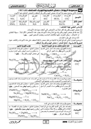 33
ُٖ‫اىثا‬ ‫اىتاب‬ٖ‫اىهٍ٘٘ائ‬ ‫اىتدي٘و‬
2016
ً‫ال‬‫أو‬‫ٌجٍٔع‬‫اىٍخفف‬ ‫اىٓ٘درونئرٗم‬ ‫خٍض‬ ‫أُُ٘ٔات‬ ‫ث‬HCl (dil):
ٌٟ‫ثٌضج‬ ‫ٚثٌؾذٚي‬‫٠ٛػـ‬ْٛ١ٔ٤‫ث‬ ‫ِٕٙج‬ ‫ثٌّشضك‬ ‫ٚثٌقّغ‬ ‫ثٌّخفا‬ ‫ثٌٙ١ذسٚوٍٛس٠ه‬ ‫فّغ‬ ‫أٔ١ٛٔجس‬ ‫ِؾّٛعز‬
ً‫األن‬‫ـــ‬‫ىى‬
‫ثٌىشدٛٔجس‬
2
3CO 
‫ثٌذ١ىشدٛٔجس‬
3HCO
‫ثٌىذش٠ض١ش‬
2
3SO 
‫ثٌىذش٠ض١ذ‬
2
S 
‫ثٌغ١ٛوذش٠ضجس‬
2
2 3S O 
‫ثٌٕ١ضش٠ش‬
2NO
ُ‫مل‬‫ا‬ ‫احلنض‬‫شتق‬
‫مهه‬
‫ثٌىشدٛٔ١ه‬
H2CO3
‫ثٌىذش٠ضٛص‬
H2SO3
‫ثٌٙ١ذسٚوذش٠ض١ه‬
H2S
‫ثٌغ١ٛوذش٠ض١ه‬
H2S2O3
‫ثٌٕ١ضشٚص‬
HNO2
: ‫اىهشف‬ ‫ىٓذا‬ ٍٖ‫اىعي‬ ‫األساس‬
①‫ثٌٙ١ذسٚوٍٛس٠ه‬ ‫فّغ‬ً‫ج‬‫عذجص‬ ‫أوغش‬ٟ‫ثٌض‬ ‫ث٤فّجع‬ ِٓ‫شضمش‬‫ث‬‫ث٤ٔ١ٛٔجس‬ ٖ‫٘ز‬ ‫ِٕٙج‬.
②‫ث٤ٔ١ٛٔجس‬ ٖ‫٘ز‬ ‫أِالؿ‬ ‫ِى‬ ‫ثٌٙ١ذسٚوٍٛس٠ه‬ ‫فّغ‬ ً‫صفجع‬ ‫عٕذ‬ً‫ج‬‫عذجص‬ ً‫ث٤ل‬ ‫ث٤فّجع‬ ٖ‫٘ز‬ ‫٠طشد‬–‫ثٌضطبج٠ش‬ ‫عبٍٙز‬
‫ثالٔقالي‬ ٚ‫أ‬–ٓ١ٌٙ‫ث‬ ٓ١‫ثٌضغخ‬ ً‫ٚ٠فؼ‬ ‫ثٌّٕجعخ‬ ‫دجٌىجشا‬ ‫عٍ١ٙج‬ ‫ثٌضعشل‬ ٓ‫٠ّى‬‫؟‬ ‫علل‬ ...
٤ٗٔ.‫ثٌغجصثس‬ ‫ؽشد‬ ٍٝ‫ع‬ ‫٠غجعذ‬
#‫فّغ‬ ً‫فع‬ ِٓ ‫ثٌٕجصؾز‬ ‫ثٌغجص٠ز‬ ‫ثٌٕٛثصؼ‬ ٌٟ‫ثٌضج‬ ‫ثٌؾذٚي‬ ‫٠ٛػـ‬HCl‫ثٌّخفا‬١ٔ٤‫ث‬ ٖ‫٘ز‬ ٍٝ‫ع‬ٛ.‫عٕٙج‬ ‫ٚثٌىشا‬ ‫ٔجس‬
: ‫األساس٘ث‬ ‫اىخجرةث‬‫اىَخفف‬ ‫اىٖٞذسٗمي٘سٝل‬ ‫حَض‬ + ‫اىصيت‬ ‫اىَيح‬
‫األنًىى‬‫ورمسه‬‫عهه‬ ‫واللشف‬ ‫الهاتج‬ ‫الغاز‬‫األشاشًة‬ ‫التجربة‬ ‫يف‬‫تأكًدية‬ ‫جتارب‬‫لأل‬‫نًىى‬
‫اىهرةُٔات‬
2
3CO 
‫ببذط‬‫ب‬‫٠ق‬ُ‫اا٘سا‬‫ا‬‫ف‬‫بب١ذ‬‫ب‬‫أوغ‬ ٟٔ‫ببج‬‫ب‬‫ع‬ ‫ببجص‬‫ب‬‫غ‬ ‫ببجعذ‬‫ب‬‫ٚ٠ضظ‬
ٞ‫ثٌز‬ ْٛ‫ثٌىشد‬ٝ‫ؼنش‬‫ثٌشثةك‬ ‫ثٌؾ١ش‬ ‫ِجء‬
2 3(s) (aq)Na CO + 2HCl 
(aq) 2 ( ) 2(g)2NaCl + H O + CO
‫اٞشح‬‫ا‬‫قص‬ ‫اشح‬‫ا‬‫ىفت‬ ‫ابص‬‫ا‬‫اىغ‬ ‫اشس‬‫ا‬َٝshort time...
‫؟‬ ‫علل‬ٝ‫إٌب‬ َٛ١‫ثٌىجٌغب‬ ‫وشدٛٔجس‬ ‫صضقٛي‬ ‫ال‬ ٝ‫فض‬
‫د١ىشدٛٔبب‬‫ثٌىج‬ ‫جس‬‫ثٌّببجء‬ ٟ‫فبب‬ ‫صببزٚح‬ ٟ‫ثٌضبب‬ َٛ١‫ٌغبب‬
ٟ‫ف١خضف‬.‫ثٌشثعخ‬
ST
2(g) 2(aq)CO + Ca(OH) 
3(s) 2 ( )CaCO + H O
َٛ١‫ب‬‫ب‬‫ثٌّجغٕغ‬ ‫وذش٠ضبجس‬ ‫ِقٍبٛي‬ + ‫ثٌٍّبـ‬ ‫ِقٍبٛي‬
‫ث‬ ٝ‫ب‬‫ب‬ٍ‫ع‬ ‫ب١غ‬‫ب‬‫أد‬ ‫بخ‬‫ب‬‫سثع‬ ْٛ‫ب‬‫ب‬‫٠ضى‬‫بزٚح‬‫ب‬٠ ‫بجسد‬‫ب‬‫ٌذ‬
‫ثٌٙ١ذسٚوٍٛس٠ه‬ ‫فّغ‬ ٟ‫ف‬‫؟‬ ‫علل‬ ...
2 3(aq) 4(aq)Na CO + MgSO 
2 4(aq) 3(s)Na SO + MgCO
3(s) (aq)MgCO + 2HCl 
2(aq) 2 ( ) 2(g)MgCl + H O + CO
‫ٌيدٔظ‬‫ــــ‬: ‫ث‬
‫وشد‬ ‫بببببببى‬‫ب‬١ّ‫ؽ‬َٛٛ٠‫بببببببٛد‬‫ب‬‫ثٌظ‬ ‫بببببببجس‬‫ب‬ٔٛ‫وشد‬ ‫بببببببذث‬‫ب‬‫ع‬ ،‫بببببببجء‬‫ب‬ٌّ‫ث‬ ٟ‫ببببببب‬‫ب‬‫ف‬ ‫بببببببزٚح‬‫ب‬‫ص‬ ‫ال‬ ‫بببببببضثس‬‫ب‬ٍ‫ثٌف‬ ‫بببببببجس‬‫ب‬ٔ
‫ث٤فّجع‬ ٟ‫ف‬ ‫ؽّ١عٙج‬ ‫ٚصزٚح‬ ،َٛ١ِٔٛ٤‫ٚث‬ َٛ١‫ٚثٌذٛصجع‬.
‫اىت٘هرةُٔات‬
3HCO
‫ببذط‬‫ب‬‫٠ق‬ُ‫اا٘سا‬‫ا‬‫ف‬‫بب١ذ‬‫ب‬‫أوغ‬ ٟٔ‫ببج‬‫ب‬‫ع‬ ‫ببجص‬‫ب‬‫غ‬ ‫ببجعذ‬‫ب‬‫ٚ٠ضظ‬
ٞ‫بببز‬‫ب‬ٌ‫ث‬ ْٛ‫ببب‬‫ب‬‫ثٌىشد‬ٝ‫اااش‬‫ا‬‫ؼن‬‫بببك‬‫ب‬‫ثٌشثة‬ ‫بببش‬‫ب‬١‫ثٌؾ‬ ‫بببجء‬‫ب‬ِ
.‫لظ١شر‬ ‫ٌفضشر‬
3(s) (aq)NaHCO + HCl 
(aq) 2 ( ) 2(g)NaCl + H O + CO
َٛ١‫ب‬‫ب‬‫ثٌّجغٕغ‬ ‫وذش٠ضبجس‬ ‫ِقٍبٛي‬ + ‫ثٌٍّبـ‬ ‫ِقٍبٛي‬
ْٛ‫٠ضى‬‫أثٞض‬ ‫سالت‬ٓ١‫ثٌضغخ‬ ‫دعذ‬...‫علل‬‫؟‬
3(aq) 4(aq)2NaHCO + MgSO 
2 4(aq) 3 2(aq)Na SO + Mg(HCO )
3 2(aq)Mg(HCO ) 

3(s) 2 ( ) 2(g)MgCO + H O + CO
‫ٌيدٔظ‬‫ــــ‬: ‫ث‬‫ثٌّجء‬ ٟ‫ف‬ ‫صزٚح‬ ‫ثٌفٍضثس‬ ‫د١ىشدٛٔجس‬ ‫ؽّ١ى‬
‫اىهربٗخ٘ج‬
2
3SO 
‫ثٌشثةقبز‬ ٞ‫ر‬ ‫ثٌىذش٠ش‬ ‫أوغ١ذ‬ ٟٔ‫عج‬ ‫غجص‬ ‫٠ضظجعذ‬
ٞ‫ٚثٌز‬ ‫ثٌٕفجرر‬ٝ‫خ‬‫ضش‬‫ٚسلز‬ٟٔ‫عبج‬ ‫دّقٍبٛي‬ ‫ِذٍٍز‬
‫ببببغ‬‫ب‬ّ‫دق‬ ‫ببببز‬‫ب‬‫ثٌّقّؼ‬ َٛ١‫بببب‬‫ب‬‫ثٌذٛصجع‬ ‫ببببجس‬‫ب‬ِٚ‫وش‬
‫ثٌّشوض‬ ‫ثٌىذش٠ض١ه‬‫؟‬ ‫علل‬ ...
ٌ‫ث‬ ‫بشثس‬‫ب‬‫ٔ١ض‬ ‫بٛي‬‫ب‬ٍ‫ِق‬ + ‫بـ‬‫ب‬ٌٍّ‫ث‬ ‫بٛي‬‫ب‬ٍ‫ِق‬‫ف‬‫بز‬‫ب‬‫ؼ‬
ْٛ‫٠ضى‬ِٞ‫ثبىتلخ‬ ‫ٝل٘د‬ ‫أثٞض‬ ‫سالت‬‫؟‬ ‫علل‬ ...
2 3(aq) 3(aq)Na SO + 2AgNO 
3(aq) 2 3(s)2NaNO + Ag SO
 