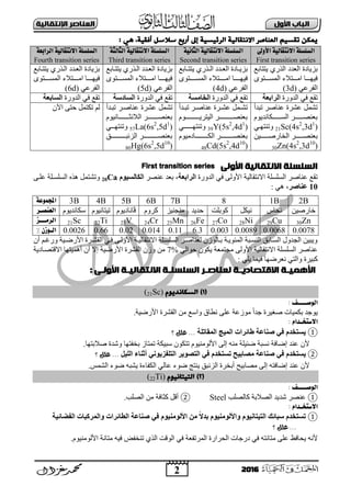 2
‫األول‬ ‫امتاب‬‫اإل‬ ‫امعٌاصر‬‫ًقاامٔث‬
2016
: َْ ،‫أفقٔث‬ ‫شالشل‬ ‫أرةع‬ ‫إىل‬ ‫امرئٔصٔث‬ ‫االًخقامٔث‬ ‫امػٌاصر‬ ‫حقصٔه‬ ‫ٓىكي‬
‫األوىل‬ ًُ‫االىتقال‬ ُ‫الضلضل‬
First transition series
ًُ‫الجاى‬ ًُ‫االىتقال‬ ُ‫الضلضل‬
Second transition series
ُ‫الجالج‬ ًُ‫االىتقال‬ ُ‫الضلضل‬
Third transition series
ُ‫الزابع‬ ًُ‫االىتقال‬ ُ‫الضلضل‬
Fourth transition series
‫٠ززبثغ‬ ٞ‫اٌزس‬ ‫اٌؼذد‬ ‫ثض٠بدح‬
ٜٛ‫ددددز‬‫د‬‫اٌّغ‬ ‫اِددددزالء‬ ‫ف١ٙددددب‬
ٟ‫اٌفشػ‬(3d)
‫دبثغ‬‫د‬‫٠زز‬ ٞ‫دزس‬‫د‬ٌ‫ا‬ ‫دذد‬‫د‬‫اٌؼ‬ ‫دبدح‬‫د‬٠‫ثض‬
ٜٛ‫دددددز‬‫د‬‫اٌّغ‬ ‫دددددزالء‬‫د‬ِ‫ا‬ ‫دددددب‬‫د‬ٙ١‫ف‬
ٟ‫اٌفشػ‬(4d)
‫٠ززدبثغ‬ ٞ‫اٌدزس‬ ‫اٌؼدذد‬ ‫ثض٠بدح‬
ٜٛ‫اٌّغدددددز‬ ‫اِدددددزالء‬ ‫ف١ٙدددددب‬
ٟ‫اٌفشػ‬(5d)
‫٠ززدب‬ ٞ‫اٌدزس‬ ‫اٌؼدذد‬ ‫ثض٠بدح‬‫ثغ‬
ٜٛ‫اٌّغدددددز‬ ‫اِدددددزالء‬ ‫ف١ٙدددددب‬
ٟ‫اٌفشػ‬(6d)
‫اٌذٚسح‬ ٟ‫ف‬ ‫رمغ‬‫انشاثعخ‬‫اٌذٚسح‬ ٟ‫ف‬ ‫رمغ‬‫انخبيغخ‬‫اٌذٚسح‬ ٟ‫ف‬ ‫رمغ‬‫انغبدعخ‬‫اٌذٚسح‬ ٟ‫ف‬ ‫رمغ‬‫انغبثعخ‬
‫رجذأ‬ ‫ػٕبفش‬ ‫ػؾشح‬ ًّ‫رؾ‬
َٛ٠‫اٌغددددددددىبٔذ‬ ‫ثؼٕقددددددددش‬
21Sc(4s2
,3d1
)ٟ‫د‬‫د‬ٙ‫ٚرٕز‬
‫دددددددش‬‫د‬‫ثؼٕق‬ٓ١‫ددددددد‬‫د‬‫اٌخبسف‬
30Zn(4s2
,3d10
)
‫دذأ‬‫د‬‫رج‬ ‫دش‬‫د‬‫ػٕبف‬ ‫دشح‬‫د‬‫ػؾ‬ ًّ‫د‬‫د‬‫رؾ‬
َٛ‫ددددددددددددد‬‫د‬٠‫اٌ١زش‬ ‫دددددددددددددش‬‫د‬‫ثؼٕق‬
39Y(5s2
,4d1
)ٟ‫دددددددد‬‫د‬ٙ‫ٚرٕز‬
َٛ١ِ‫اٌىددددددددددددبد‬ ‫ثؼٕقددددددددددددش‬
48Cd(5s2
,4d10
)
‫ػٕبفدش‬ ‫ػؾشح‬ ًّ‫رؾ‬‫رجدذأ‬
َٛ١ٔ‫اٌالٔضددددددددددب‬ ‫ثؼٕقددددددددددش‬
57La(6s2
,5d1
)ٟ‫ددد‬‫د‬ٙ‫ٚرٕز‬
‫اٌضئجددددددددددددددك‬ ‫ثؼٕقددددددددددددددش‬
80Hg(6s2
,5d10
)
ْ٢‫ا‬ ٝ‫ؽز‬ ًّ‫رىز‬ ٌُ
ّ‫األوم‬ ‫االًقاامٔث‬ ‫امسنسنث‬First transition series
‫اٌذٚسح‬ ٟ‫ف‬ ٌٝٚ‫األ‬ ‫اتٔزمبٌ١خ‬ ‫اٌغٍغٍخ‬ ‫ػٕبفش‬ ‫رمغ‬‫انشاث‬‫عخ‬‫ػٕقش‬ ‫ثؼذ‬ ،‫انكبنغٍٕو‬20Caٝ‫ػٍد‬ ‫اٌغٍغدٍخ‬ ٖ‫٘ز‬ ًّ‫ٚرؾز‬
10‫عُبصش‬: ٟ٘ ،
ُ‫اجملنىع‬ 3B 4B 5B 6B 7B 8 1B 2B
‫العيص‬‫ـ‬‫ز‬ َٛ٠‫عىبٔذ‬ َٛ١ٔ‫ر١زب‬ ‫ڤ‬َٛ٠‫بٔبد‬ َٚ‫وش‬ ‫ِٕغٕ١ض‬ ‫ؽذ٠ذ‬ ‫وٛثٍذ‬ ً‫ٔ١ى‬ ‫ٔؾبط‬ ٓ١‫خبسف‬
‫الزم‬‫ـــ‬‫ش‬ 21Sc 22Ti 23V 24Cr 25Mn 26Fe 27Co 28Ni 29Cu 30Zn
‫ال‬‫ـ‬% ٌ‫ىس‬ 0.0026 0.66 0.02 0.014 0.11 6.3 0.003 0.0089 0.0068 0.0078
ْ‫أ‬ ُ‫د‬ ‫ٚس‬ ‫األسمد١خ‬ ‫اٌمؾدشح‬ ٟ‫فد‬ ٝ‫األٌٚد‬ ‫اتٔزمبٌ١دخ‬ ‫اٌغٍغدٍخ‬ ‫ٌؼٕبفدش‬ ْ‫ثدبٌٛص‬ ‫اٌّئٛ٠دخ‬ ‫إٌغدجخ‬ ‫اٌغدبثك‬ ‫اٌغذٚي‬ ٓ١‫ٚ٠ج‬
ٌٟ‫ؽٛا‬ ْٛ‫٠ى‬ ‫ِغزّؼخ‬ ٌٝٚ‫األ‬ ‫اتٔزمبٌ١خ‬ ‫اٌغٍغٍخ‬ ‫ػٕبفش‬7%‫اتلزقدبد٠خ‬ ‫أّ٘١زٙب‬ ْ‫أ‬ ‫إت‬ ‫األسم١خ‬ ‫اٌمؾشح‬ ْ‫ٚص‬ ِٓ
‫وج١شح‬: ٍٟ٠ ‫ف١ّب‬ ‫ٔؼشمٙب‬ ٟ‫ٚاٌز‬
: ّ‫األومـ‬ ‫االًقاامٔـث‬ ‫امسنسنـث‬ ‫معٌاصـر‬ ‫االققصادٓـث‬ ‫األَىٔـث‬
(1)‫امصكاًدِٓم‬Sc)21(
‫الىص‬‫ــــ‬‫ف‬:
.‫األسم١خ‬ ‫اٌمؾشح‬ ِٓ ‫ٚاعغ‬ ‫ٔوبق‬ ٍٝ‫ػ‬ ‫ِٛصػخ‬ ً‫ا‬‫عذ‬ ‫فغ١شح‬ ‫ثىّ١بد‬ ‫٠ٛعذ‬
‫االصتخ‬‫ـ‬: ‫داو‬
①ٌ‫انًقبرهخ‬ ‫انًٍح‬ ‫غبئشاد‬ ‫صُبعخ‬ ً‫ف‬ ‫غزخذو‬...‫علل‬‫؟‬
ْ‫أل‬.‫فالثزٙب‬ ‫ٚؽذح‬ ‫ثخفزٙب‬ ‫رّزبص‬ ‫عج١ىخ‬ ْٛ‫رزى‬ َٛ١ٌِٕٛ‫األ‬ ٌٝ‫إ‬ ِٕٗ ‫مئ١ٍخ‬ ‫ٔغجخ‬ ‫إمبفخ‬ ‫ػٕذ‬
②ً‫ف‬ ‫ٌغزخذو‬‫انهٍم‬ ‫أثُبء‬ ًٌَٕ‫انزهفض‬ ‫انزصٌٕش‬ ً‫ف‬ ‫رغزخذو‬ ‫يصبثٍر‬ ‫صُبعخ‬...‫علل‬‫؟‬
ِ ٌٝ‫إ‬ ٗ‫إمبفز‬ ‫ػٕذ‬ ْ‫أل‬ٌٟ‫ػب‬ ‫مٛء‬ ‫٠ٕزظ‬ ‫اٌضئجك‬ ‫أثخشح‬ ‫قبث١ؼ‬.‫اٌؾّظ‬ ‫مٛء‬ ٗ‫٠ؾج‬ ‫اٌىفبءح‬
(2)‫امخٔخأًِم‬i)T22(
‫الىص‬‫ــــ‬‫ف‬:
①‫وبٌقٍت‬ ‫اٌقالثخ‬ ‫ؽذ٠ذ‬ ‫ػٕقش‬Steel②.‫اٌقٍت‬ ِٓ ‫وضبفخ‬ ً‫أل‬
‫االصتخ‬‫ـ‬: ‫داو‬
①‫ر‬‫انفعبئٍخ‬ ‫ٔانًشكجبد‬ ‫انطبئشاد‬ ‫صُبعخ‬ ً‫ف‬ ‫األنٕيٍُٕو‬ ٍ‫ي‬ ً‫ال‬‫ثذ‬ ‫ٔاألنٕيٍُٕو‬ ‫انزٍزبٍَٕو‬ ‫عجبئك‬ ‫غزخذو‬
...‫علل‬‫؟‬
‫٠ؾبفظ‬ ٗٔ‫أل‬‫رٕخف‬ ٞ‫اٌز‬ ‫اٌٛلذ‬ ٟ‫ف‬ ‫اٌّشرفؼخ‬ ‫اٌؾشاسح‬ ‫دسعبد‬ ٟ‫ف‬ ٗ‫ِزبٔز‬ ٍٝ‫ػ‬.َٛ١ٌِٕٛ‫األ‬ ‫ِزبٔخ‬ ٗ١‫ف‬ ‫ل‬
 