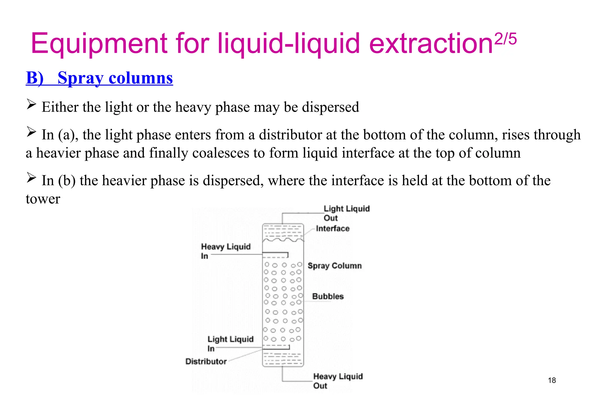 B) Spray columns
 Either the light or the heavy phase may be dispersed
 In (a), the light phase enters from a distributor at the bottom of the column, rises through
a heavier phase and finally coalesces to form liquid interface at the top of column
 In (b) the heavier phase is dispersed, where the interface is held at the bottom of the
tower
Equipment for liquid-liquid extraction2/5
18
 