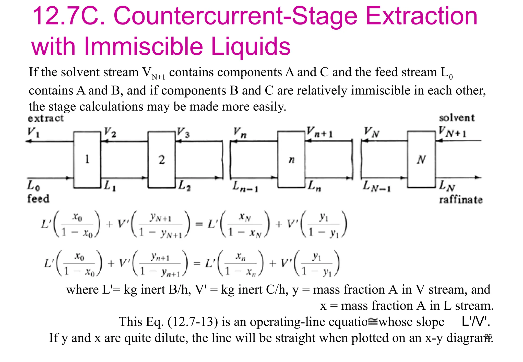 12.7C. Countercurrent-Stage Extraction
with Immiscible Liquids
If the solvent stream VN+1 contains components A and C and the feed stream L0
contains A and B, and if components B and C are relatively immiscible in each other,
the stage calculations may be made more easily.
26
where L'= kg inert B/h, V' = kg inert C/h, y = mass fraction A in V stream, and
x = mass fraction A in L stream.
This Eq. (12.7-13) is an operating-line equation whose slope L'/V'.
If y and x are quite dilute, the line will be straight when plotted on an x-y diagram.
 