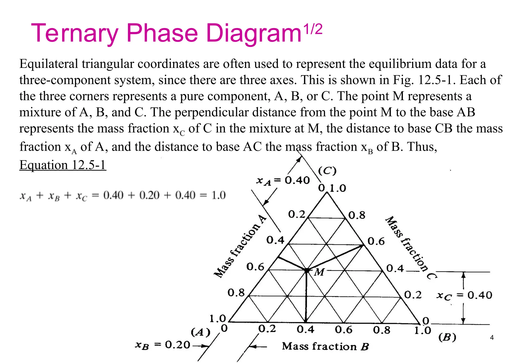 Ternary Phase Diagram1/2
Equilateral triangular coordinates are often used to represent the equilibrium data for a
three-component system, since there are three axes. This is shown in Fig. 12.5-1. Each of
the three corners represents a pure component, A, B, or C. The point M represents a
mixture of A, B, and C. The perpendicular distance from the point M to the base AB
represents the mass fraction xC of C in the mixture at M, the distance to base CB the mass
fraction xA of A, and the distance to base AC the mass fraction xB of B. Thus,
Equation 12.5-1
4
 