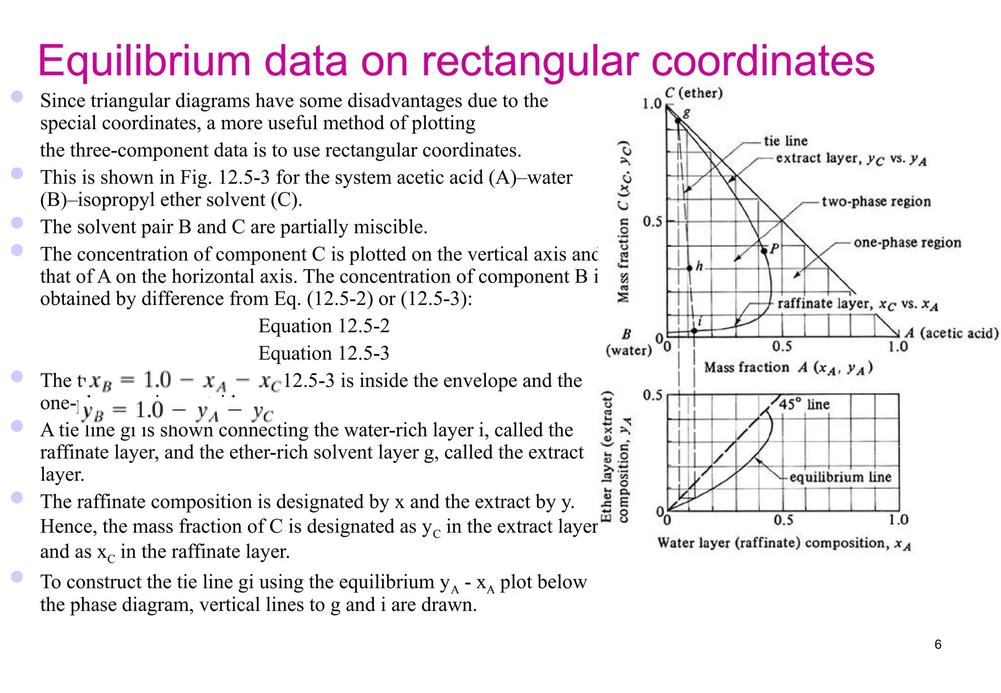 Equilibrium data on rectangular coordinates
 Since triangular diagrams have some disadvantages due to the
special coordinates, a more useful method of plotting
the three-component data is to use rectangular coordinates.
 This is shown in Fig. 12.5-3 for the system acetic acid (A)–water
(B)–isopropyl ether solvent (C).
 The solvent pair B and C are partially miscible.
 The concentration of component C is plotted on the vertical axis and
that of A on the horizontal axis. The concentration of component B is
obtained by difference from Eq. (12.5-2) or (12.5-3):
Equation 12.5-2
Equation 12.5-3
 The two-phase region in Fig. 12.5-3 is inside the envelope and the
one-phase region outside.
 A tie line gi is shown connecting the water-rich layer i, called the
raffinate layer, and the ether-rich solvent layer g, called the extract
layer.
 The raffinate composition is designated by x and the extract by y.
Hence, the mass fraction of C is designated as yC in the extract layer
and as xC in the raffinate layer.
 To construct the tie line gi using the equilibrium yA - xA plot below
the phase diagram, vertical lines to g and i are drawn.
6
 