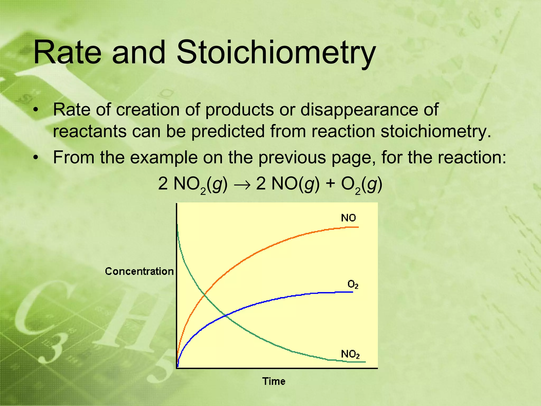 Rate and Stoichiometry
• Rate of creation of products or disappearance of
  reactants can be predicted from reaction stoichiometry.
• From the example on the previous page, for the reaction:
                2 NO2(g) → 2 NO(g) + O2(g)
 