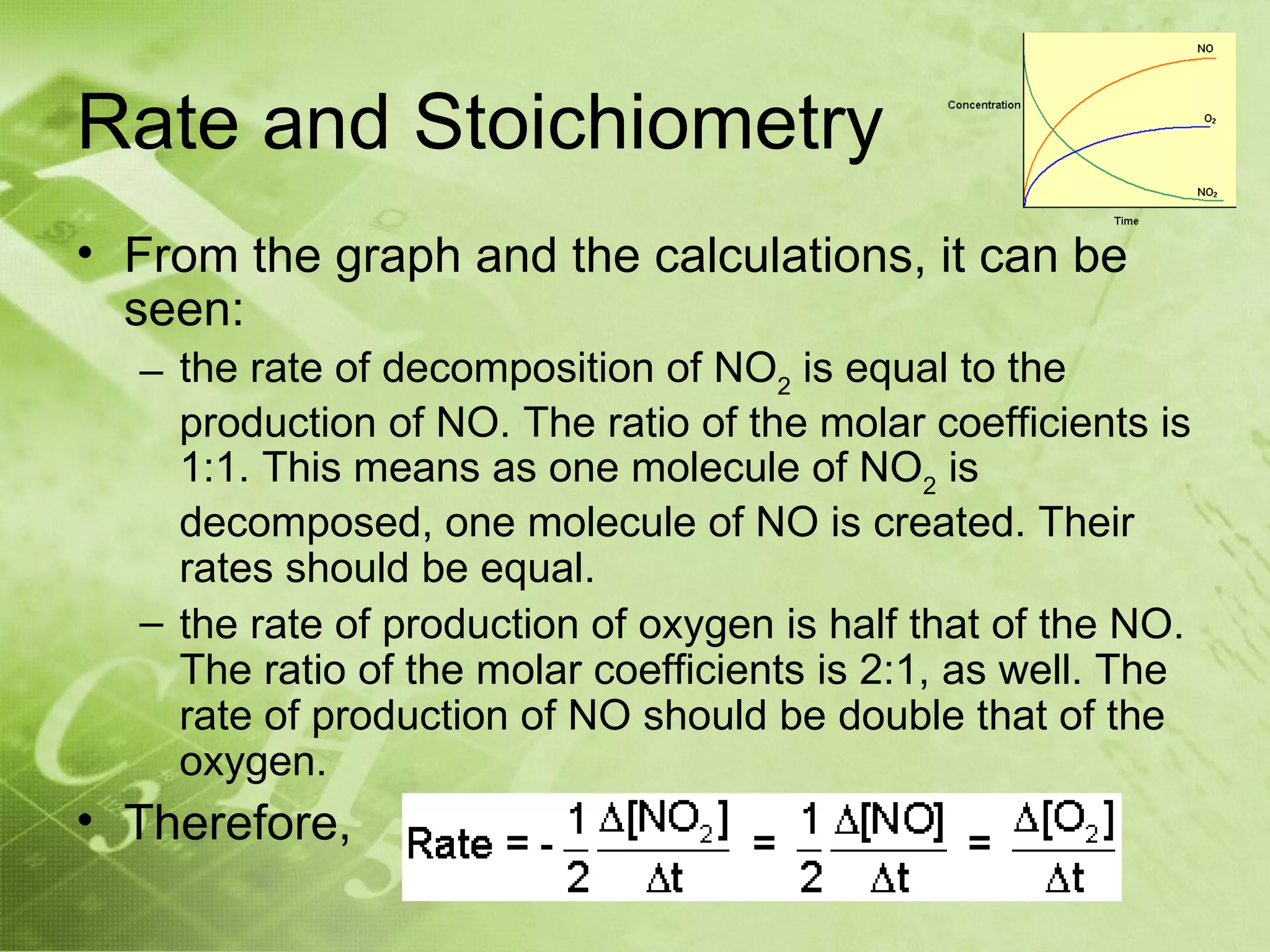 Rate and Stoichiometry
• From the graph and the calculations, it can be
  seen:
  – the rate of decomposition of NO2 is equal to the
    production of NO. The ratio of the molar coefficients is
    1:1. This means as one molecule of NO2 is
    decomposed, one molecule of NO is created. Their
    rates should be equal.
  – the rate of production of oxygen is half that of the NO.
    The ratio of the molar coefficients is 2:1, as well. The
    rate of production of NO should be double that of the
    oxygen.
• Therefore,
 