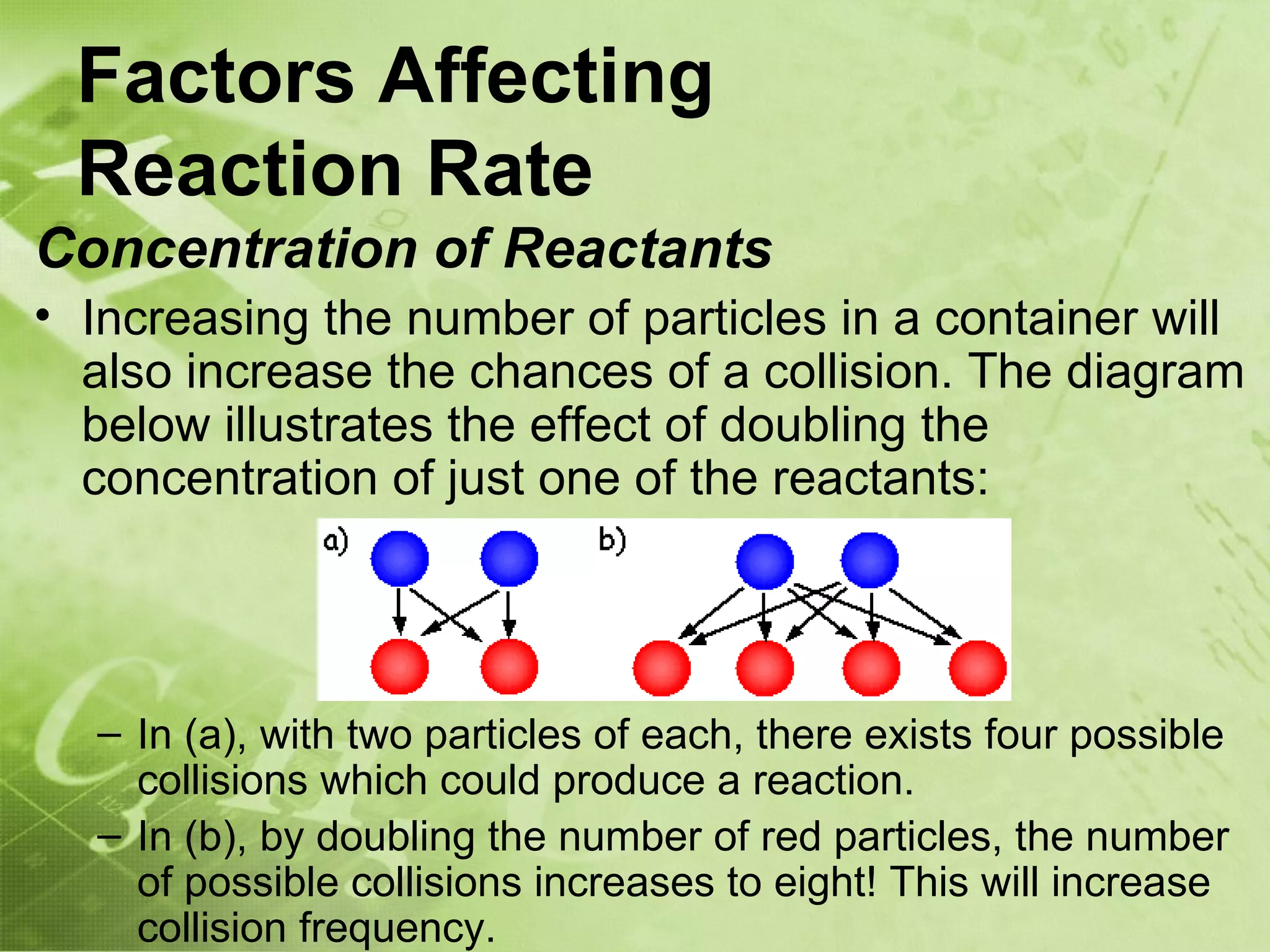 Factors Affecting
 Reaction Rate
Concentration of Reactants
• Increasing the number of particles in a container will
  also increase the chances of a collision. The diagram
  below illustrates the effect of doubling the
  concentration of just one of the reactants:




  – In (a), with two particles of each, there exists four possible
    collisions which could produce a reaction.
  – In (b), by doubling the number of red particles, the number
    of possible collisions increases to eight! This will increase
    collision frequency.
 