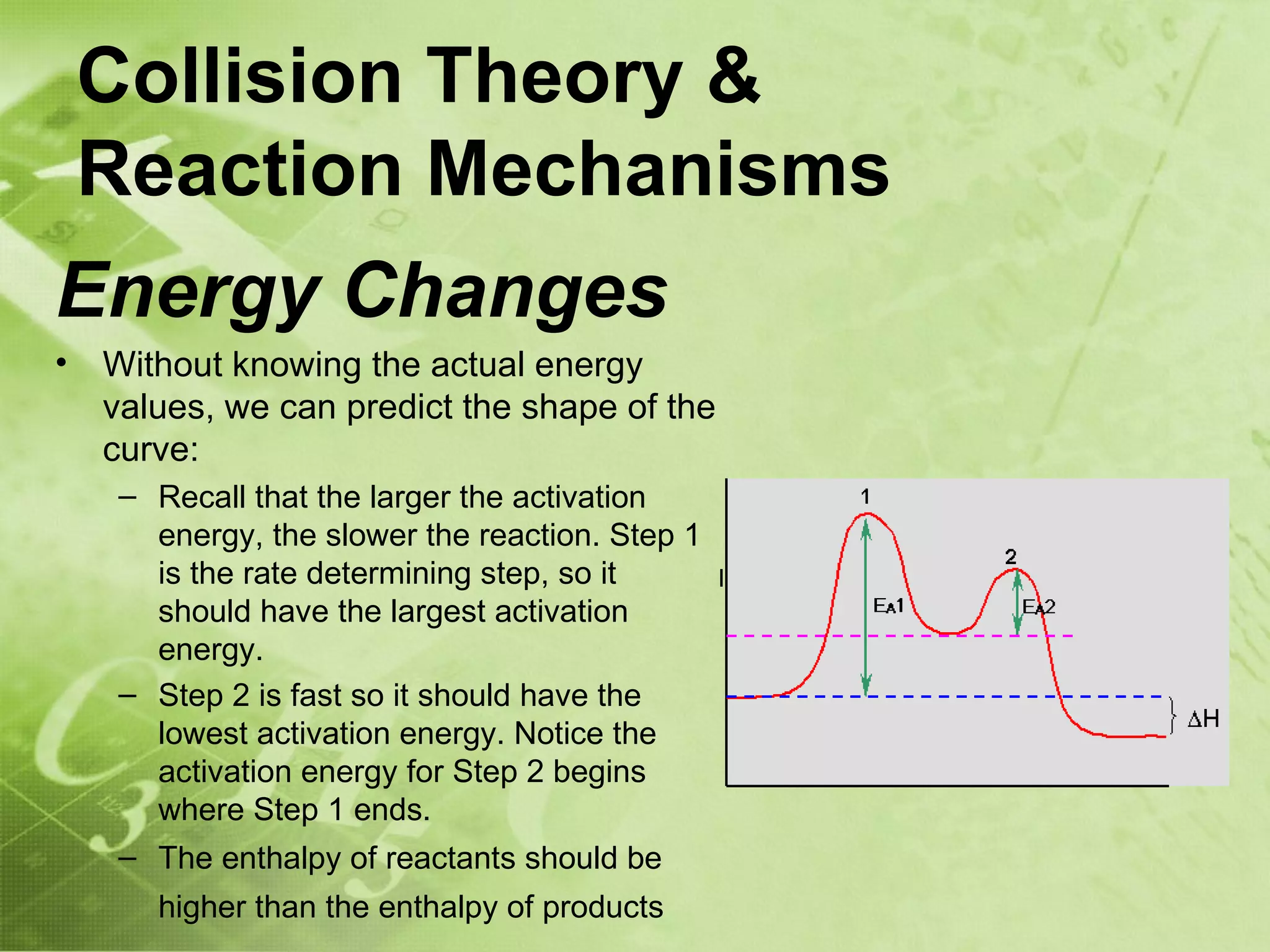 Collision Theory &
    Reaction Mechanisms
Energy Changes
•   Without knowing the actual energy
    values, we can predict the shape of the
    curve:
     – Recall that the larger the activation
       energy, the slower the reaction. Step 1
       is the rate determining step, so it
       should have the largest activation
       energy.
     – Step 2 is fast so it should have the
       lowest activation energy. Notice the
       activation energy for Step 2 begins
       where Step 1 ends.
     – The enthalpy of reactants should be
       higher than the enthalpy of products
 