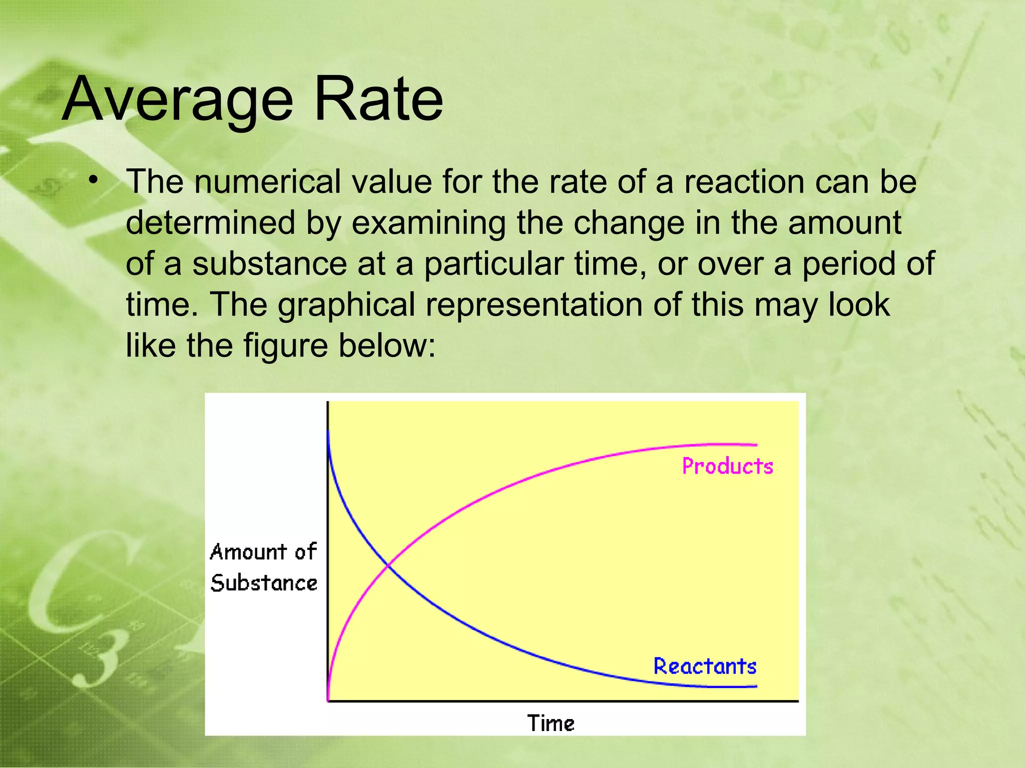 Average Rate
• The numerical value for the rate of a reaction can be
  determined by examining the change in the amount
  of a substance at a particular time, or over a period of
  time. The graphical representation of this may look
  like the figure below:
 