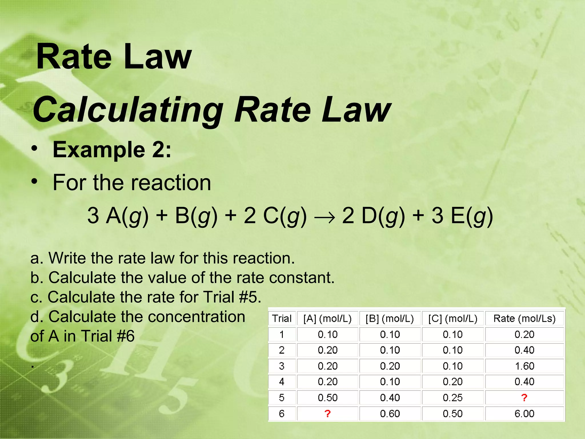 Rate Law
Calculating Rate Law
• Example 2:
• For the reaction
     3 A(g) + B(g) + 2 C(g) → 2 D(g) + 3 E(g)
a. Write the rate law for this reaction.
b. Calculate the value of the rate constant.
c. Calculate the rate for Trial #5.
d. Calculate the concentration
of A in Trial #6
.
 