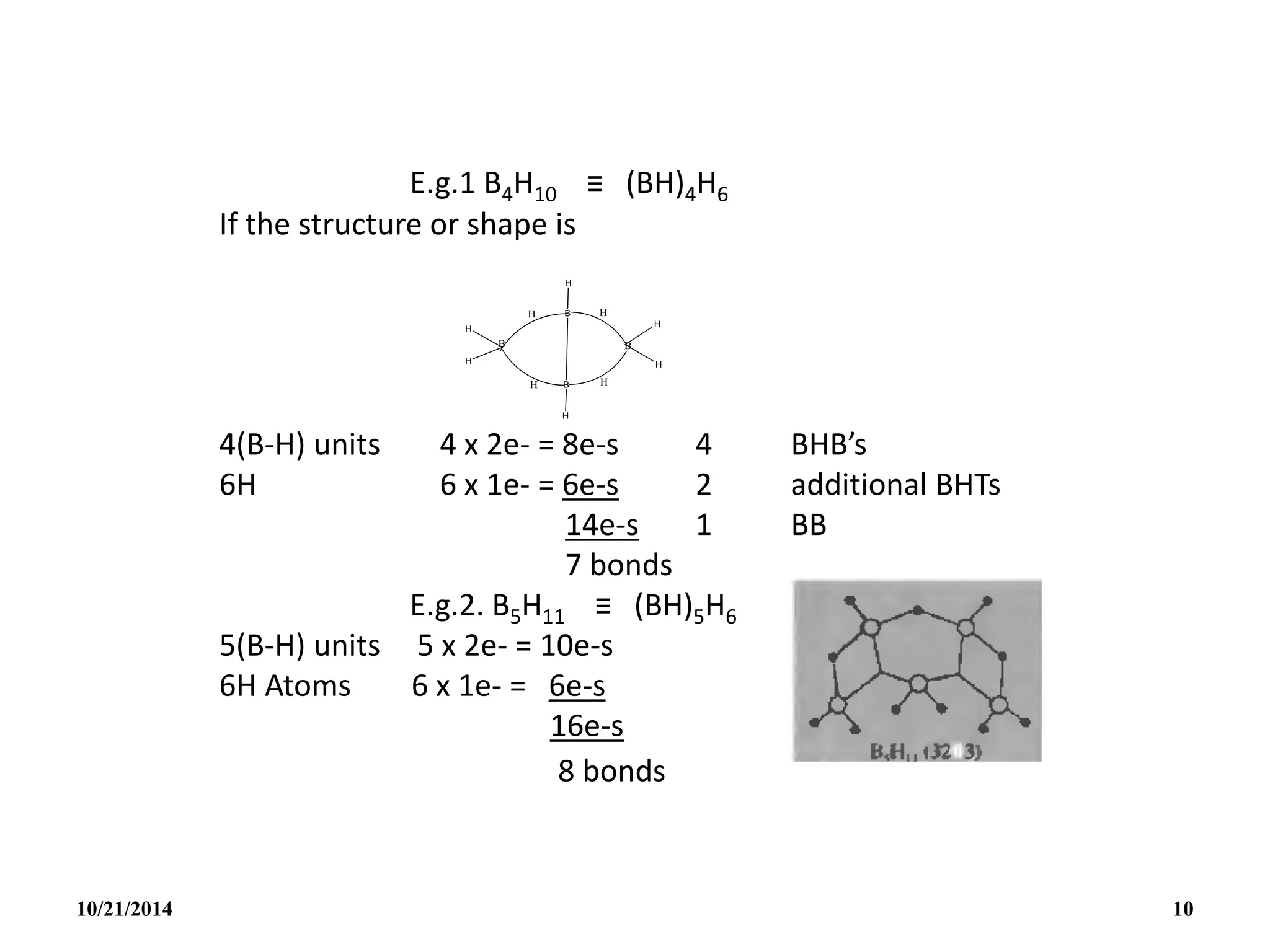 E.g.1 B4H10 ≡ (BH)4H6
If the structure or shape is
4(B-H) units 4 x 2e- = 8e-s 4 BHB’s
6H 6 x 1e- = 6e-s 2 additional BHTs
14e-s 1 BB
7 bonds
E.g.2. B5H11 ≡ (BH)5H6
5(B-H) units 5 x 2e- = 10e-s
6H Atoms 6 x 1e- = 6e-s
16e-s
8 bonds
10/21/2014 10
 