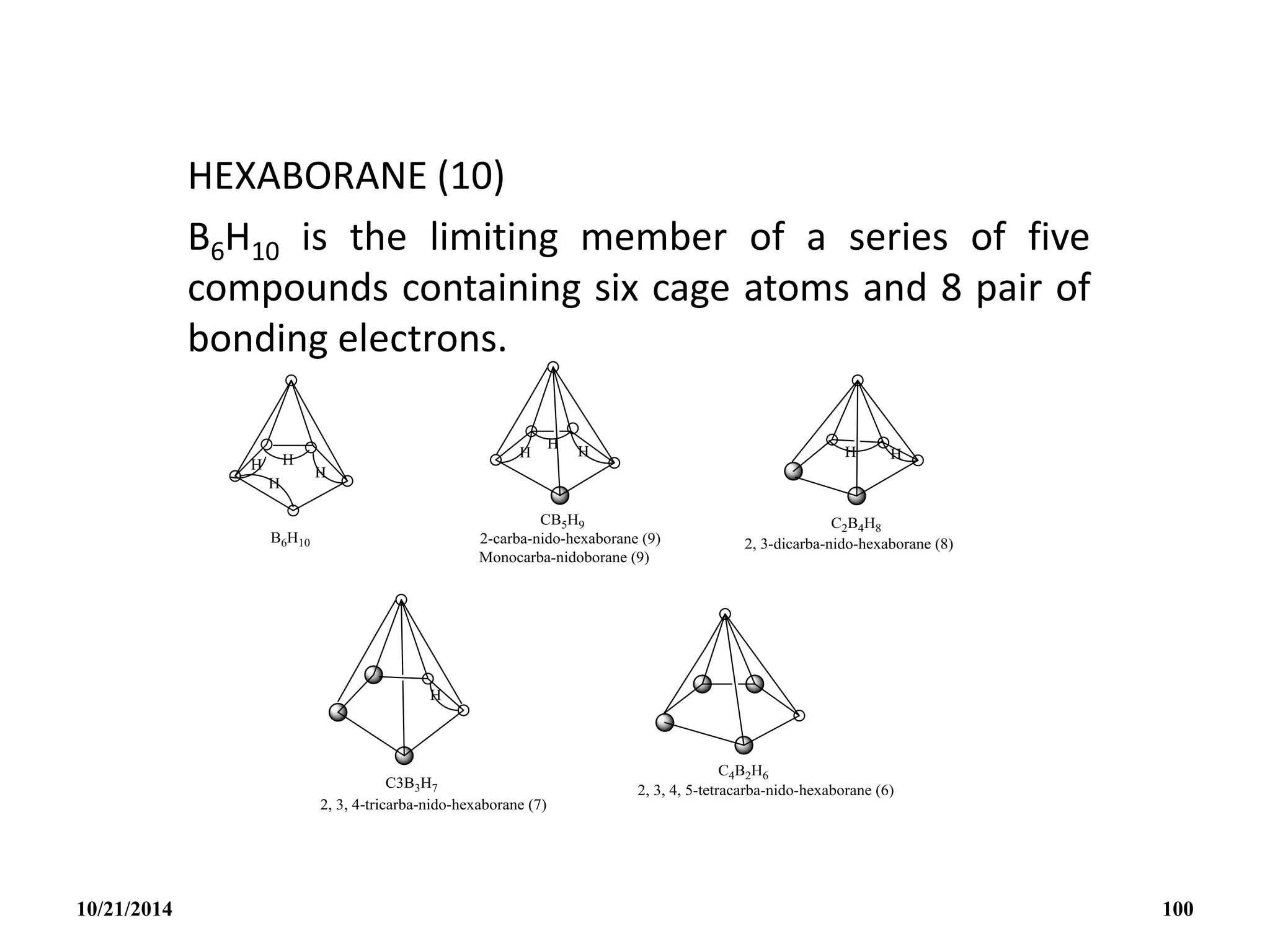 HEXABORANE (10)
B6H10 is the limiting member of a series of five
compounds containing six cage atoms and 8 pair of
bonding electrons.
10/21/2014 100
 