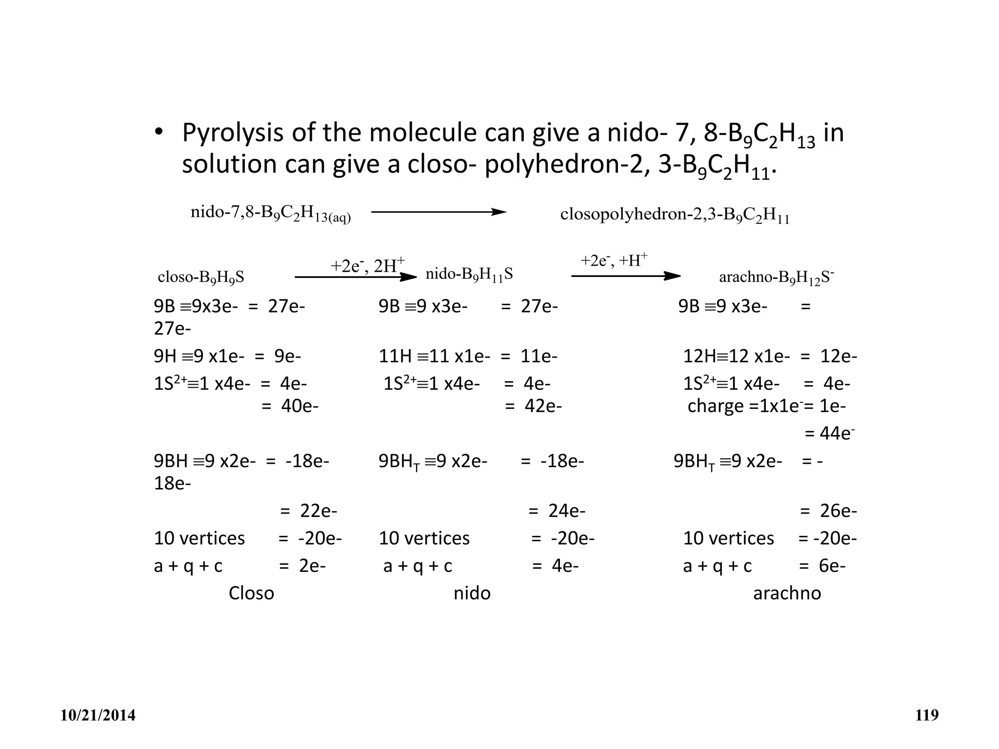 • Pyrolysis of the molecule can give a nido- 7, 8-B9C2H13 in
solution can give a closo- polyhedron-2, 3-B9C2H11.
9B 9x3e- = 27e- 9B 9 x3e- = 27e- 9B 9 x3e- =
27e-
9H 9 x1e- = 9e- 11H 11 x1e- = 11e- 12H12 x1e- = 12e-
1S2+1 x4e- = 4e- 1S2+1 x4e- = 4e- 1S2+1 x4e- = 4e-
= 40e- = 42e- charge =1x1e-= 1e-
= 44e-
9BH 9 x2e- = -18e- 9BHT 9 x2e- = -18e- 9BHT 9 x2e- = -
18e-
= 22e- = 24e- = 26e-
10 vertices = -20e- 10 vertices = -20e- 10 vertices = -20e-
a + q + c = 2e- a + q + c = 4e- a + q + c = 6e-
Closo nido arachno
10/21/2014 119
 