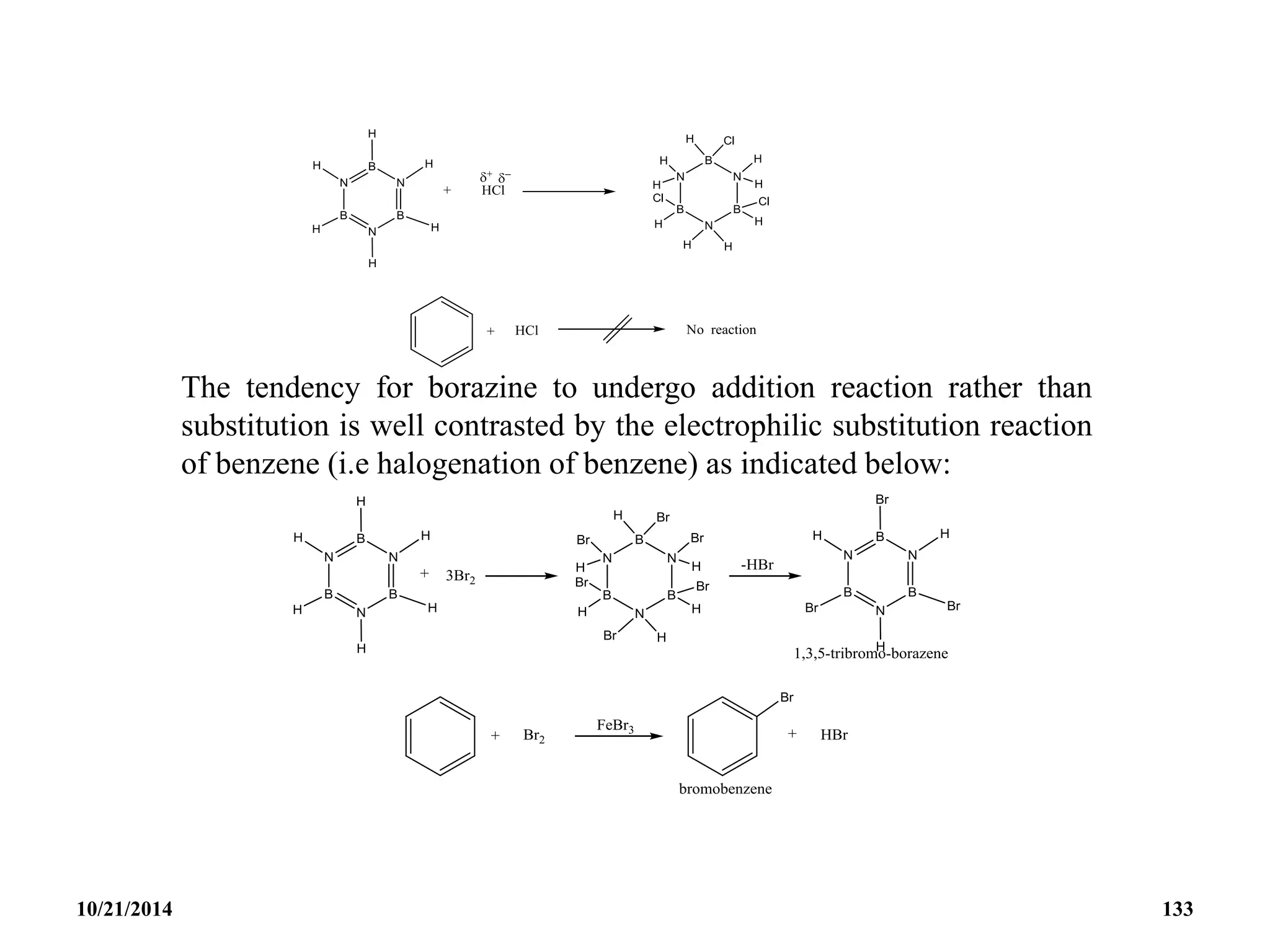 The tendency for borazine to undergo addition reaction rather than
substitution is well contrasted by the electrophilic substitution reaction
of benzene (i.e halogenation of benzene) as indicated below:
10/21/2014 133
 