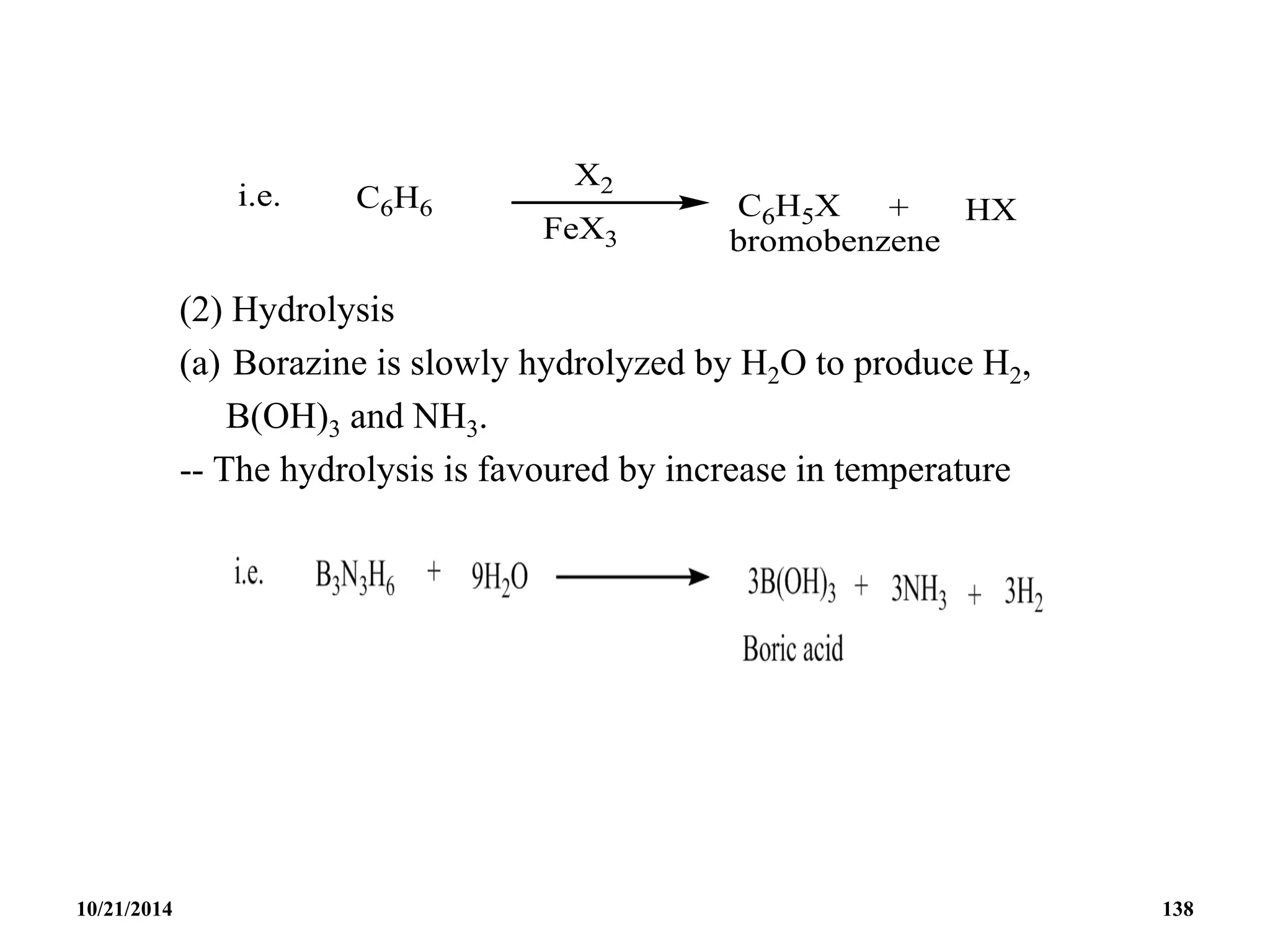 (2) Hydrolysis
(a) Borazine is slowly hydrolyzed by H2O to produce H2,
B(OH)3 and NH3.
-- The hydrolysis is favoured by increase in temperature
10/21/2014 138
 
