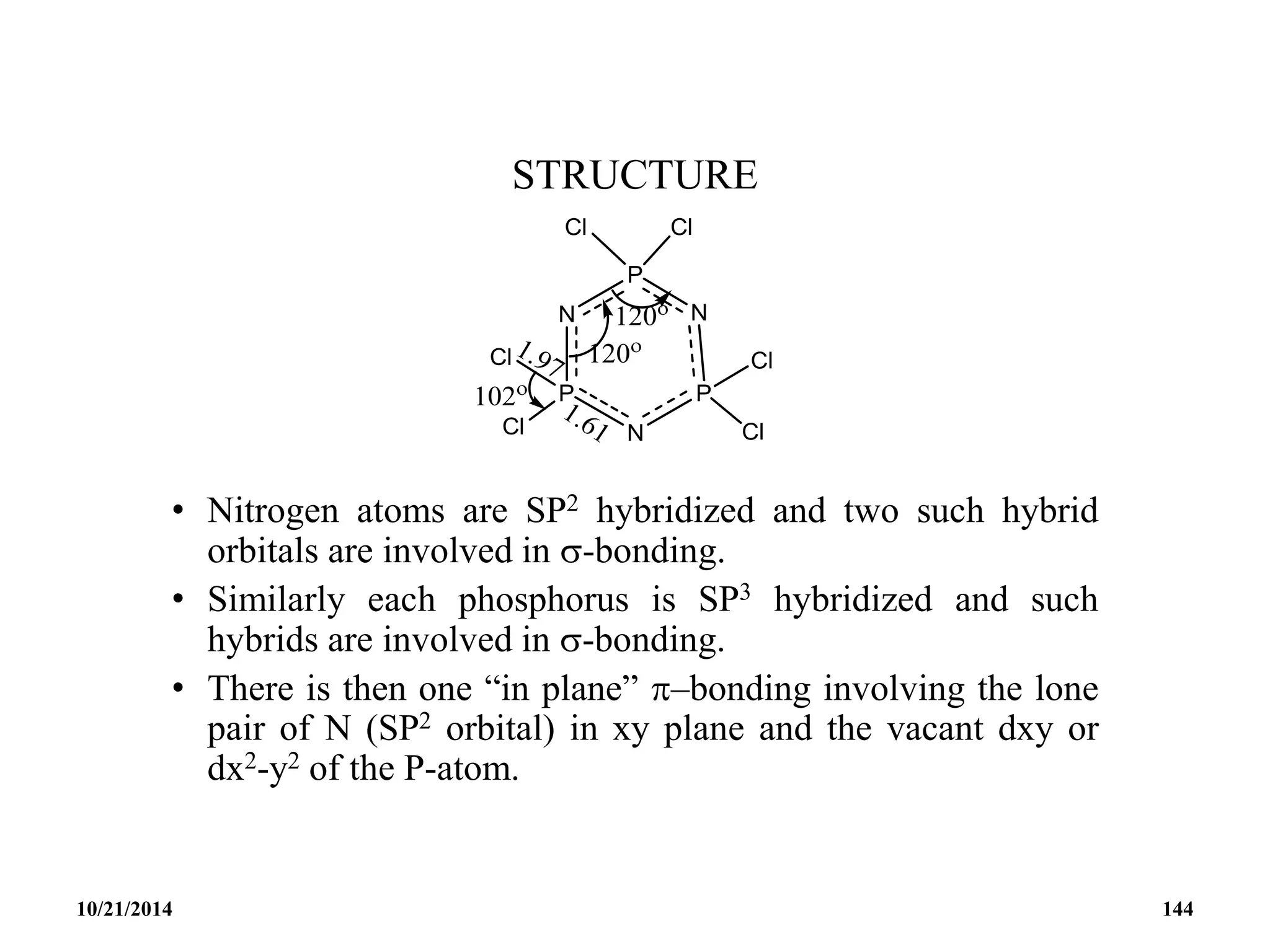 STRUCTURE
• Nitrogen atoms are SP2 hybridized and two such hybrid
orbitals are involved in -bonding.
• Similarly each phosphorus is SP3 hybridized and such
hybrids are involved in -bonding.
• There is then one “in plane” –bonding involving the lone
pair of N (SP2 orbital) in xy plane and the vacant dxy or
dx2-y2 of the P-atom.
10/21/2014 144
 