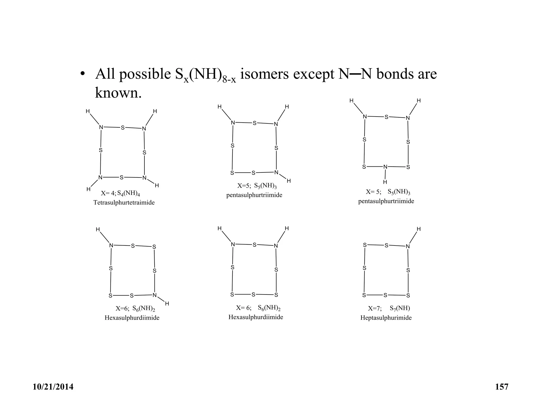 • All possible Sx(NH)8-x isomers except N─N bonds are
known.
10/21/2014 157
 