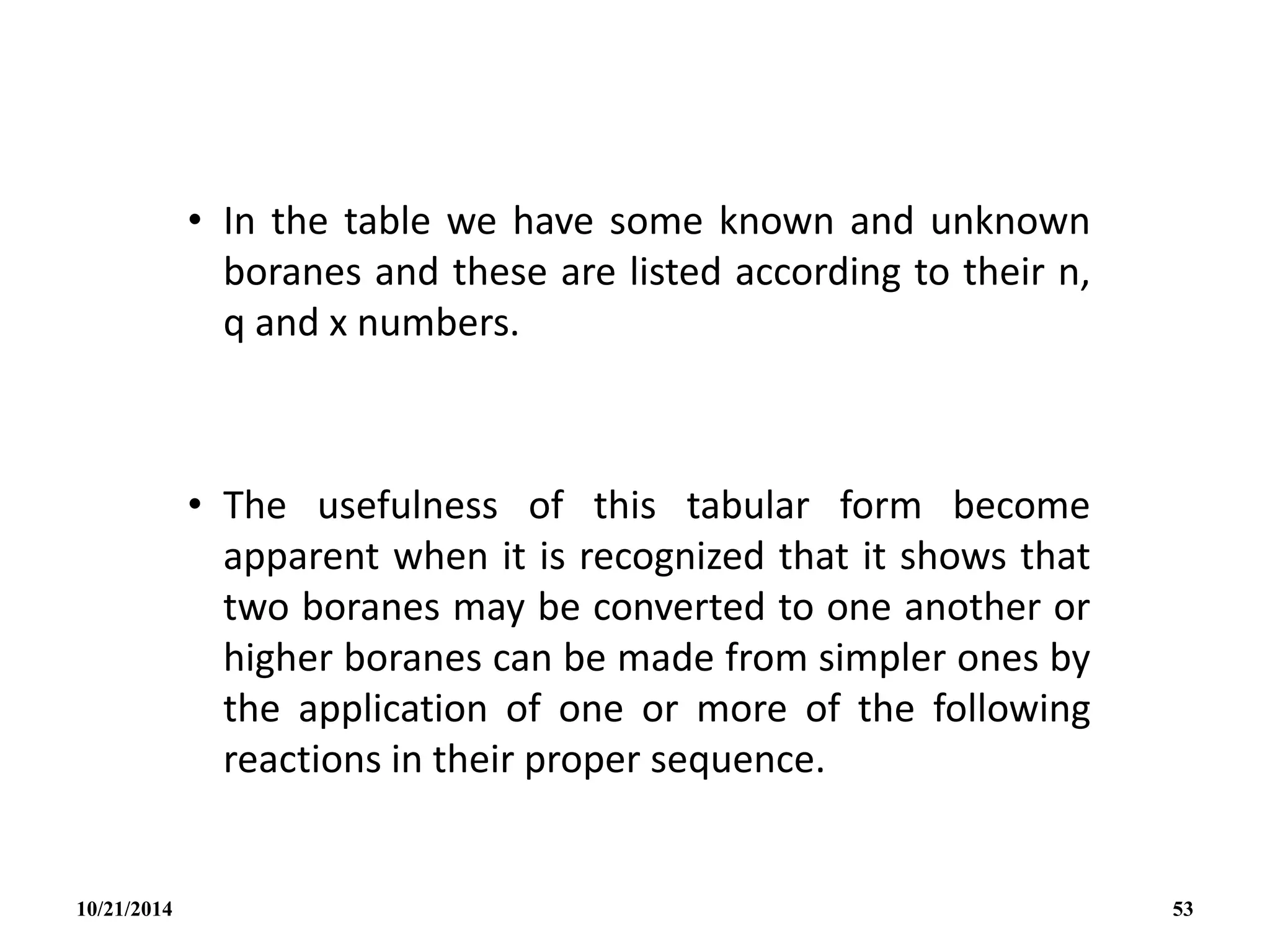 • In the table we have some known and unknown
boranes and these are listed according to their n,
q and x numbers.
• The usefulness of this tabular form become
apparent when it is recognized that it shows that
two boranes may be converted to one another or
higher boranes can be made from simpler ones by
the application of one or more of the following
reactions in their proper sequence.
10/21/2014 53
 