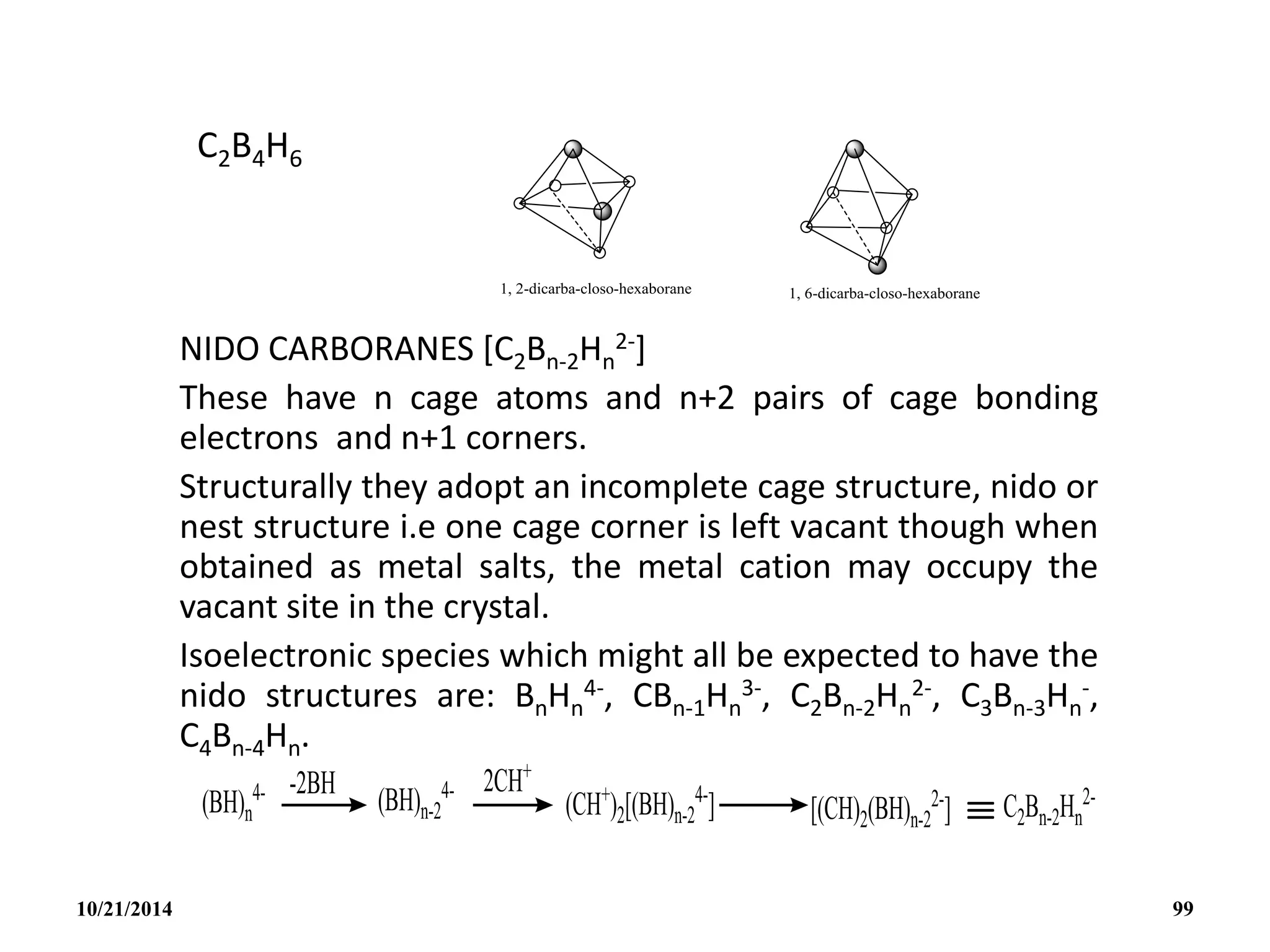 C2B4H6
NIDO CARBORANES [C2Bn-2Hn
2-]
These have n cage atoms and n+2 pairs of cage bonding
electrons and n+1 corners.
Structurally they adopt an incomplete cage structure, nido or
nest structure i.e one cage corner is left vacant though when
obtained as metal salts, the metal cation may occupy the
vacant site in the crystal.
Isoelectronic species which might all be expected to have the
nido structures are: BnHn
4-, CBn-1Hn
3-, C2Bn-2Hn
2-, C3Bn-3Hn
-,
C4Bn-4Hn.
10/21/2014 99
 