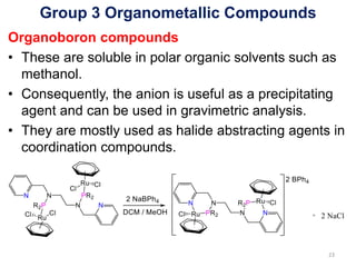 Group 3 Organometallic Compounds
Organoboron compounds
• These are soluble in polar organic solvents such as
methanol.
• Consequently, the anion is useful as a precipitating
agent and can be used in gravimetric analysis.
• They are mostly used as halide abstracting agents in
coordination compounds.
23
 