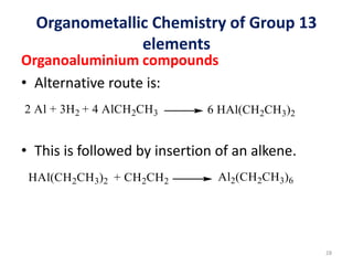 Organometallic Chemistry of Group 13
elements
Organoaluminium compounds
• Alternative route is:
• This is followed by insertion of an alkene.
28
 