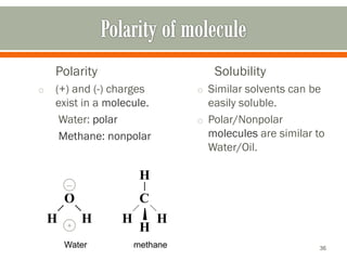 Polarity
o (+) and (-) charges
exist in a molecule.
Water: polar
Methane: nonpolar
Solubility
o Similar solvents can be
easily soluble.
o Polar/Nonpolar
molecules are similar to
Water/Oil.
36
O
H H
–
+
C
H H
H
H
Water methane
 