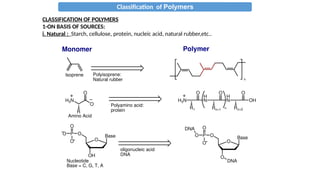 Classification of Polymers
CLASSIFICATION OF POLYMERS
1-ON BASIS OF SOURCES:
i. Natural : Starch, cellulose, protein, nucleic acid, natural rubber,etc..
Monomer Polymer
Isoprene
n
Polyisoprene:
Natural rubber
H3N
O
O
R
Polyamino acid:
protein
H3N
O
H
N
R1
O
H
N
Rn+1
O
OH
Rn+2
n
Amino Acid
Base
O
OH
O
P
O
O
O
oligonucleic acid
DNA
Nucleotide
Base = C, G, T, A
Base
O
O
O
P
O
O
O
DNA
DNA
 