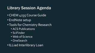 Library Session Agenda
• CHEM 4235 Course Guide
• EndNote setup
• Tools for Chemistry Research
• ACS Publications
• SciFinder
• Web of Science
• OneSearch
• ILLiad Interlibrary Loan
 