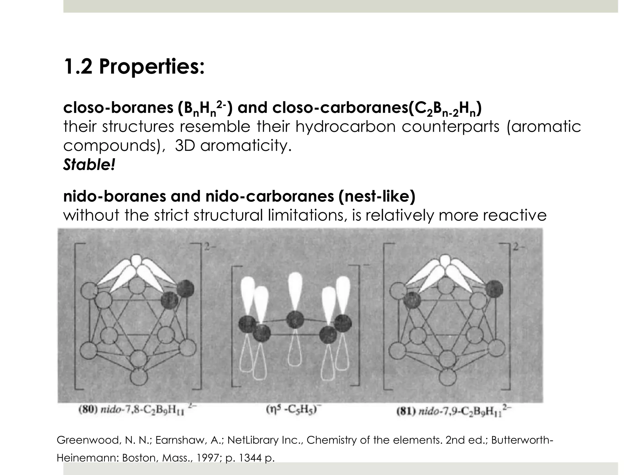 1.2 Properties:
 closo-boranes (BnHn2-) and closo-carboranes(C2Bn-2Hn)
 their structures resemble their hydrocarbon counterparts (aromatic
 compounds), 3D aromaticity.
 Stable!
 nido-boranes and nido-carboranes (nest-like)
 without the strict structural limitations, is relatively more reactive




Greenwood, N. N.; Earnshaw, A.; NetLibrary Inc., Chemistry of the elements. 2nd ed.; Butterworth-
Heinemann: Boston, Mass., 1997; p. 1344 p.
 
