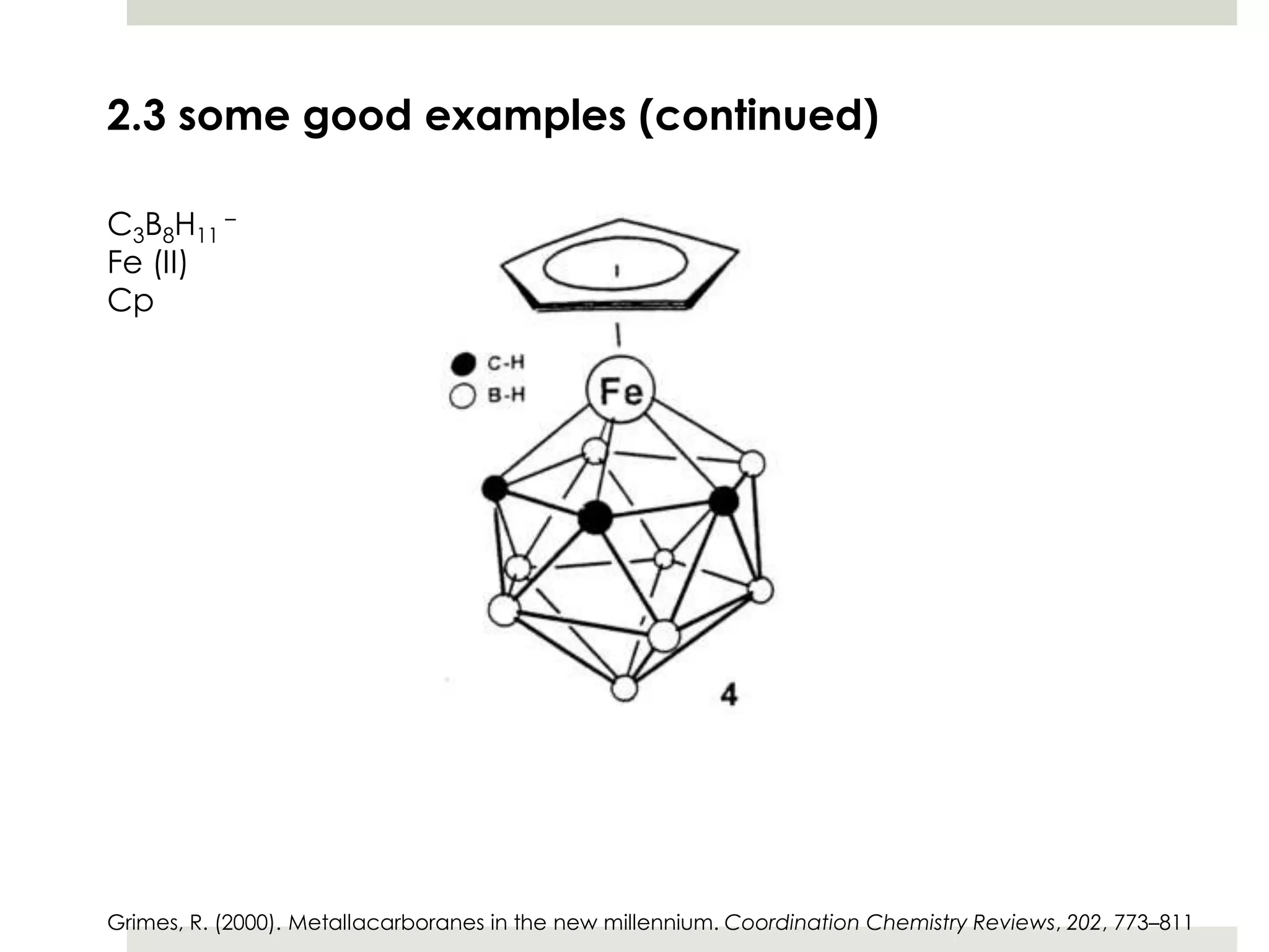 2.3 some good examples (continued)

C3B8H11 –
Fe (II)
Cp




Grimes, R. (2000). Metallacarboranes in the new millennium. Coordination Chemistry Reviews, 202, 773–811
 