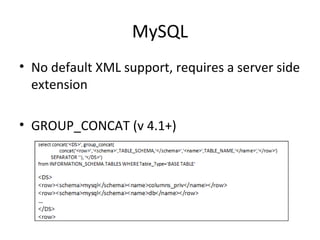 MySQL No default XML support, requires a server side extension GROUP_CONCAT (v 4.1+) 