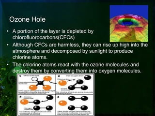 Ozone Hole
• A portion of the layer is depleted by
  chlorofluorocarbons(CFCs)
• Although CFCs are harmless, they can rise up high into the
  atmosphere and decomposed by sunlight to produce
  chlorine atoms.
• The chlorine atoms react with the ozone molecules and
  destroy them by converting them into oxygen molecules.
 