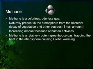 Methane
• Methane is a colorless, odorless gas.
• Naturally present in the atmosphere from the bacterial
  decay of vegetation and other sources.(Small amount)
• Increasing amount because of human activities.
• Methane is a relatively potent greenhouse gas, trapping the
  heat in the atmosphere causing Global warming.
 