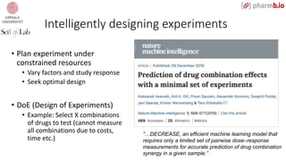 Intelligently designing experiments
• Plan experiment under
constrained resources
• Vary factors and study response
• Seek optimal design
• DoE (Design of Experiments)
• Example: Select X combinations
of drugs to test (cannot measure
all combinations due to costs,
time etc.)
”…DECREASE, an efficient machine learning model that
requires only a limited set of pairwise dose–response
measurements for accurate prediction of drug combination
synergy in a given sample.”
 