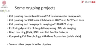 Some ongoing projects
• Cell painting on combinations of 2-3 environmental compounds
• Cell painting on 380 kinase inhibitors on U2OS and MCF7 cell lines
• Cell painting and holographic imaging of 120 GPCR drugs
• Exploring dynamics of drug delivery using LNPs via imaging
• Deep Learning (CNN, RNN) and Cell Profiler features
• Comparing Cell Morphology with Gene Expression (public data)
• Several other projects in the pipeline…
 